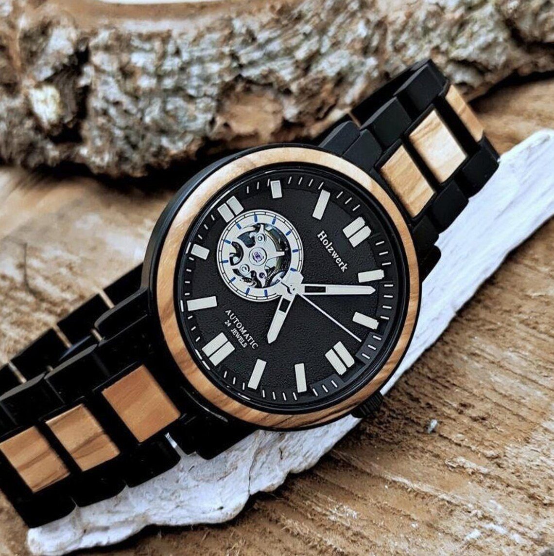 Holzwerk Automatikuhr Designer Herren Edelstahl & Holz Armband Uhr, (inklusive Armbandkürzer), Holz Unikate, ideal auch als Geschenk, 24 JEWELS Miyota Uhrwerk