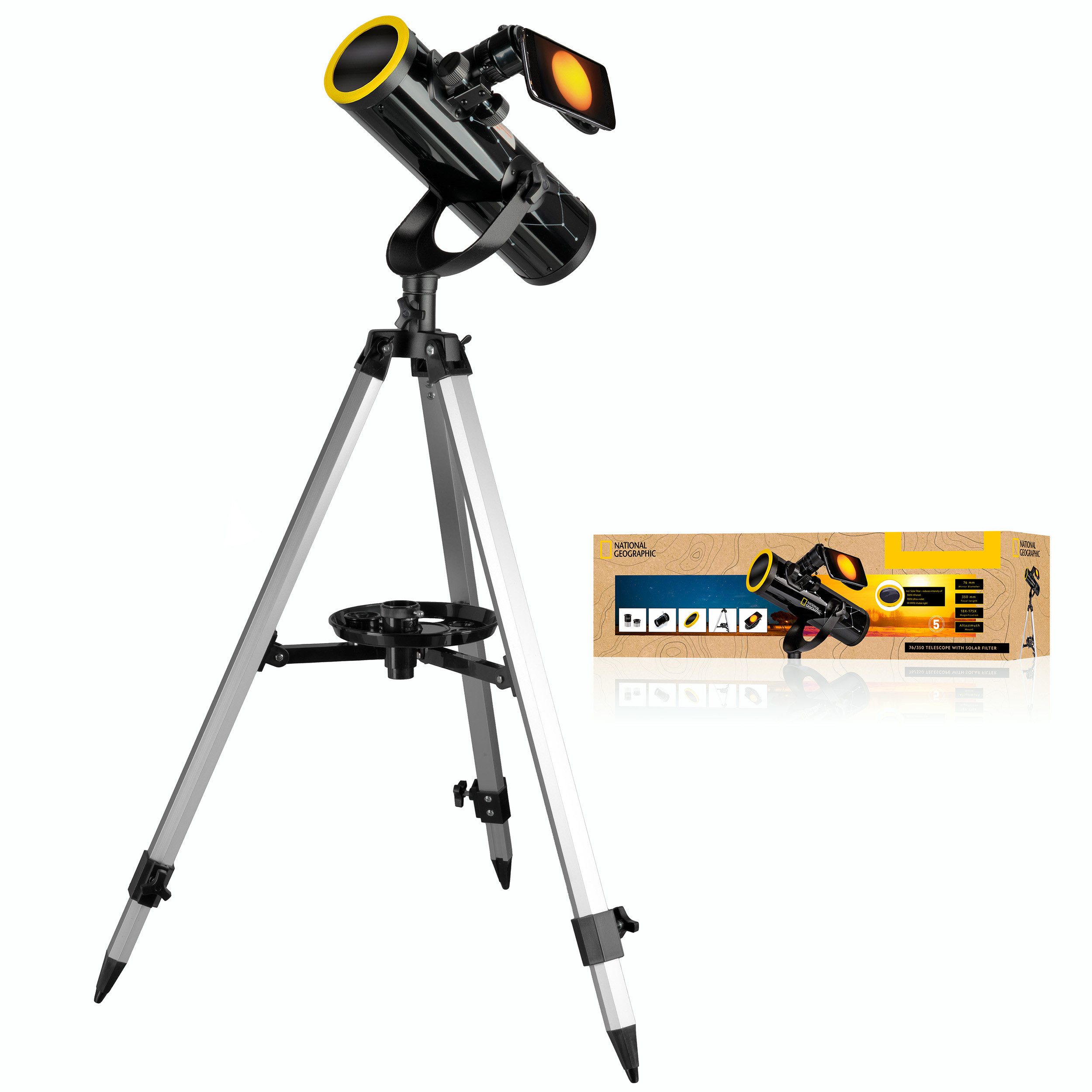 NATIONAL GEOGRAPHIC Teleskop NATIONAL GEOGRAPHIC 76/350 Teleskop mit Sonnenfilter und Smartphone-H…