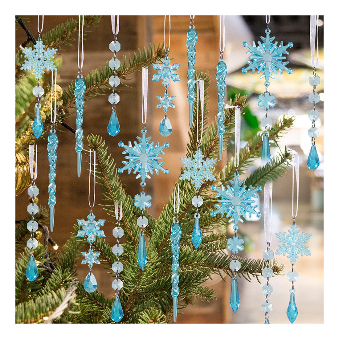 Bomiclss Christbaumschmuck Acryl Schneeflocken Eiszapfen Tropfen Hängedekoration (18-tlg), Ornamente für Weihnachtsbaum Winterfest und Party Deko