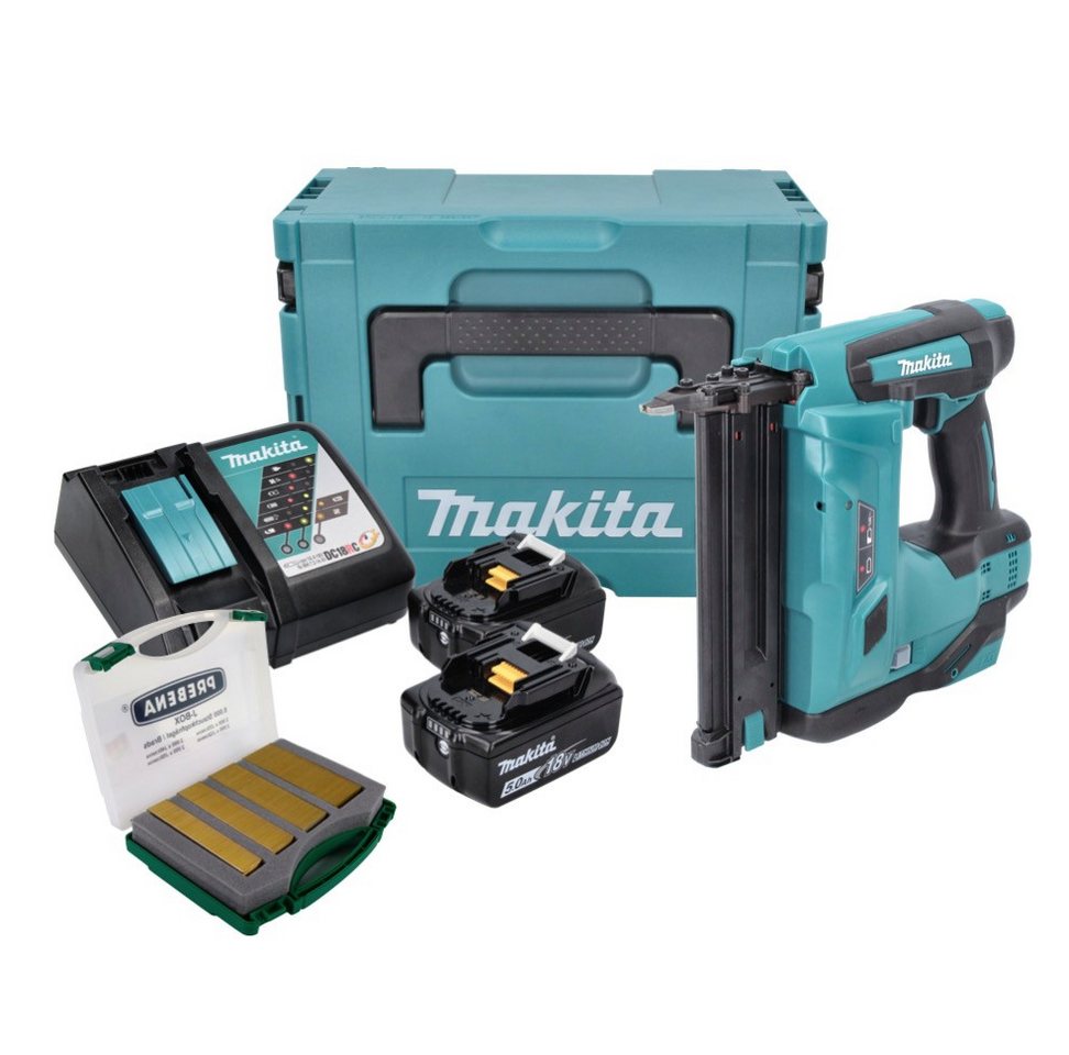 Thumbnail - Makita Nagler DBN 500 RTJ Akku Stauchkopfnagler 18 V 15-50 mm + 2x Akku 5,0 Ah + La