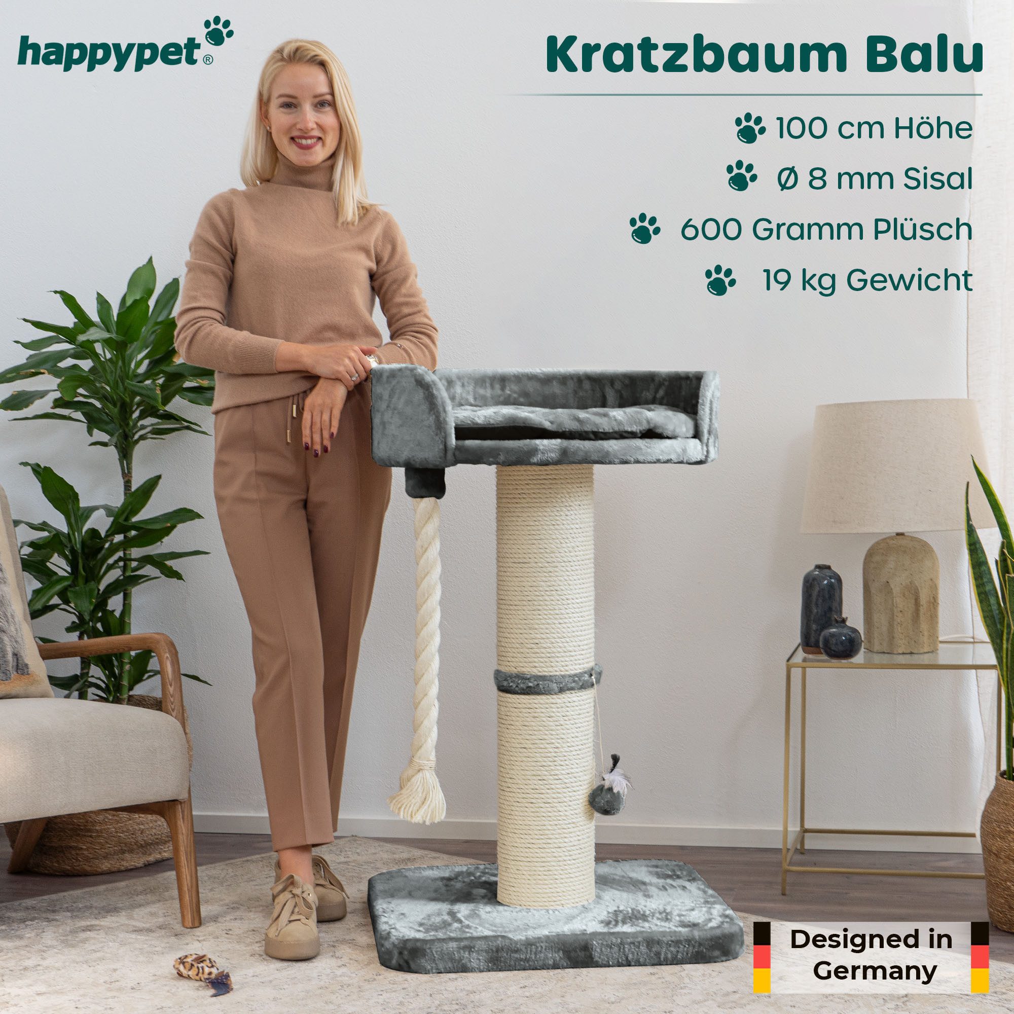Happypet Kratzbaum BALU, Kratzbaum 'Balu', Robustes Natursisal, Dicke Stämme 18 cm, 100 cm hoch