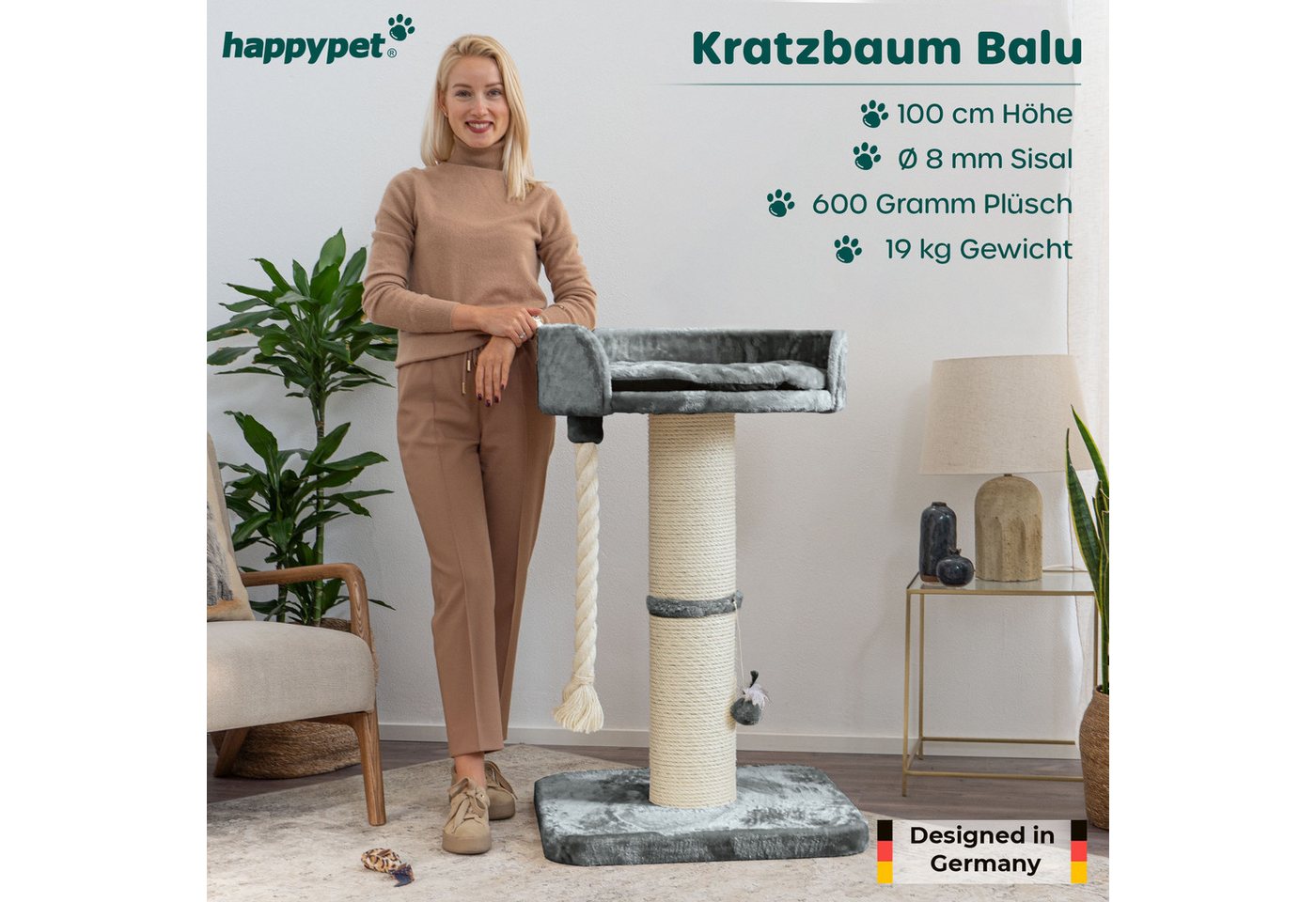 Thumbnail - Happypet Kratzbaum BALU, Kratzbaum 'Balu', Robustes Natursisal, Dicke Stämme 18 cm, 100 cm hoch