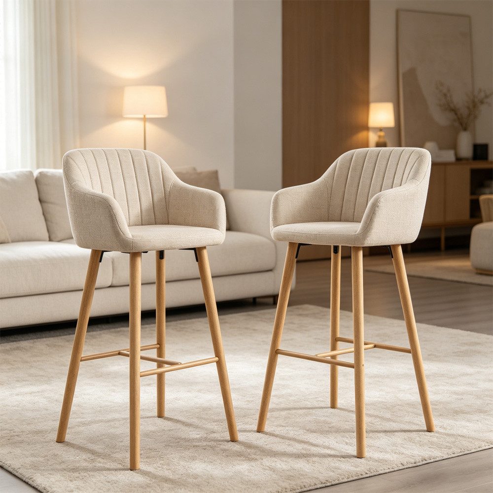 REDOM Barhocker Set aus zwei modernen Barhockern mit Armlehnen und hoher Rückenlehne (bequeme Leinen-Sitze, stabile Holzbeine), Barstühle Küchenstühle