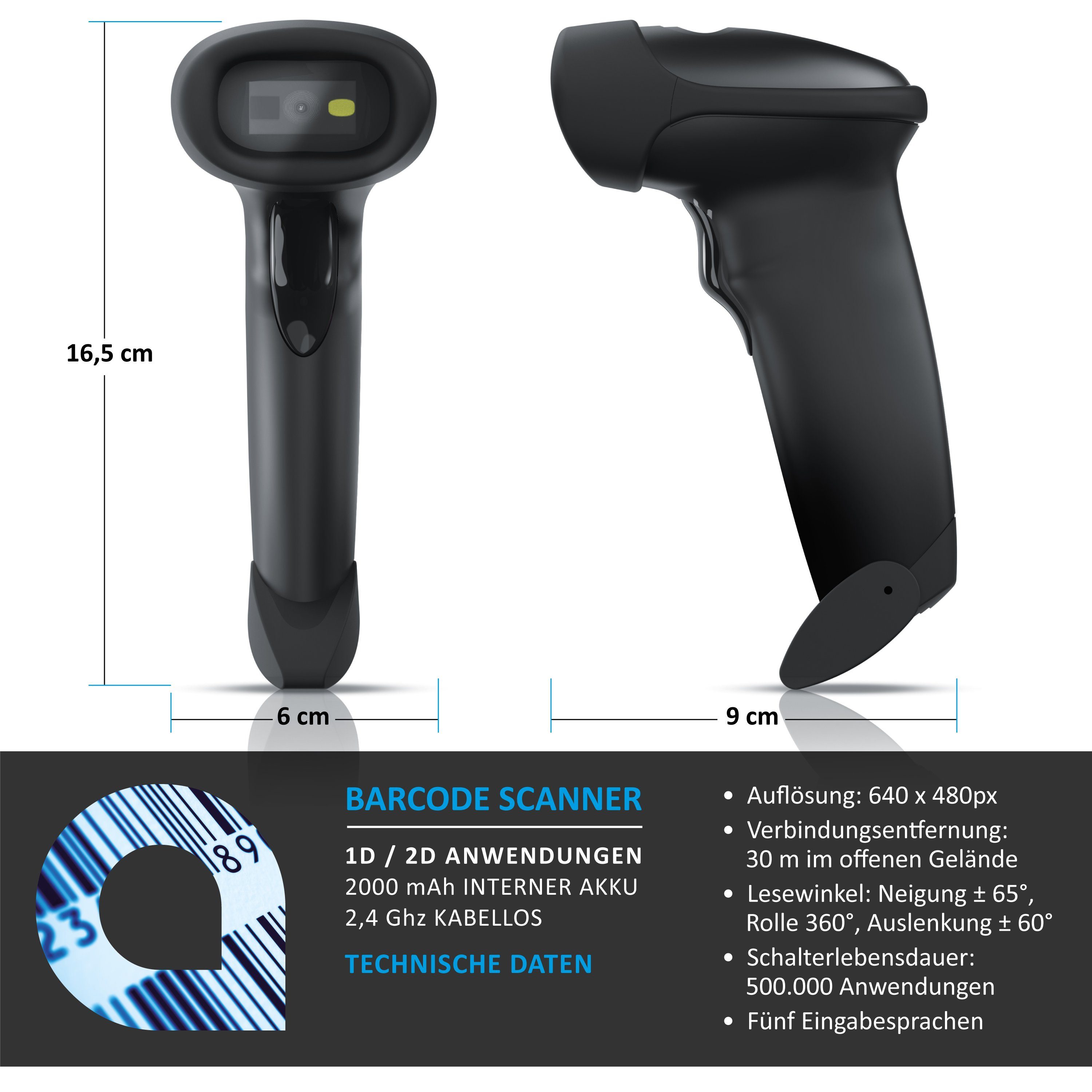 Aplic Handscanner, (Wireless Barcode Scanner 2.4 GHz 1D 2D, 2000 mAh, inkl. Standfuß)