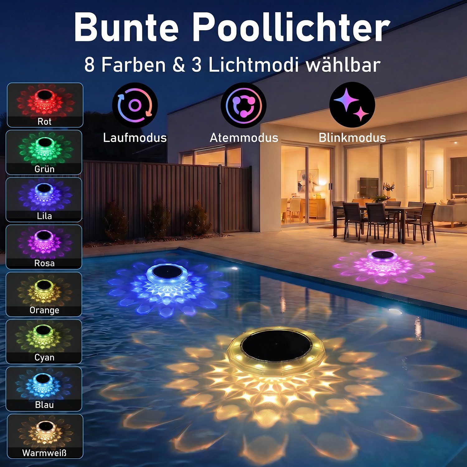 oyajia Pool-Lampe RGB Solar Poolbeleuchtung, Schwimmende Poolleuchte mit Fernbedienung, LED fest integriert, RGB, IP68 Wasserdichte Poolleuchten für Wanne, Schwimmbad, Teiche, Gärten
