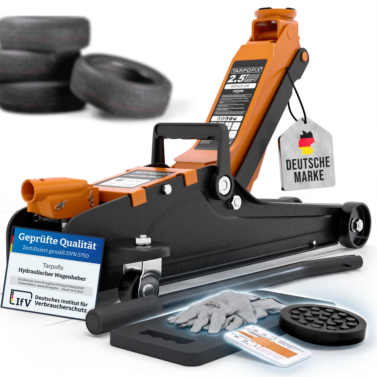 Tarpofix® Wagenheber Hydraulischer Wagenheber 2,5t flach für PKW SUV mit Zubehör, max. Hubhöhe: 38 cm, Orange: Flacher Auto Wagenheber 2,5t in Orange mit Zubehör