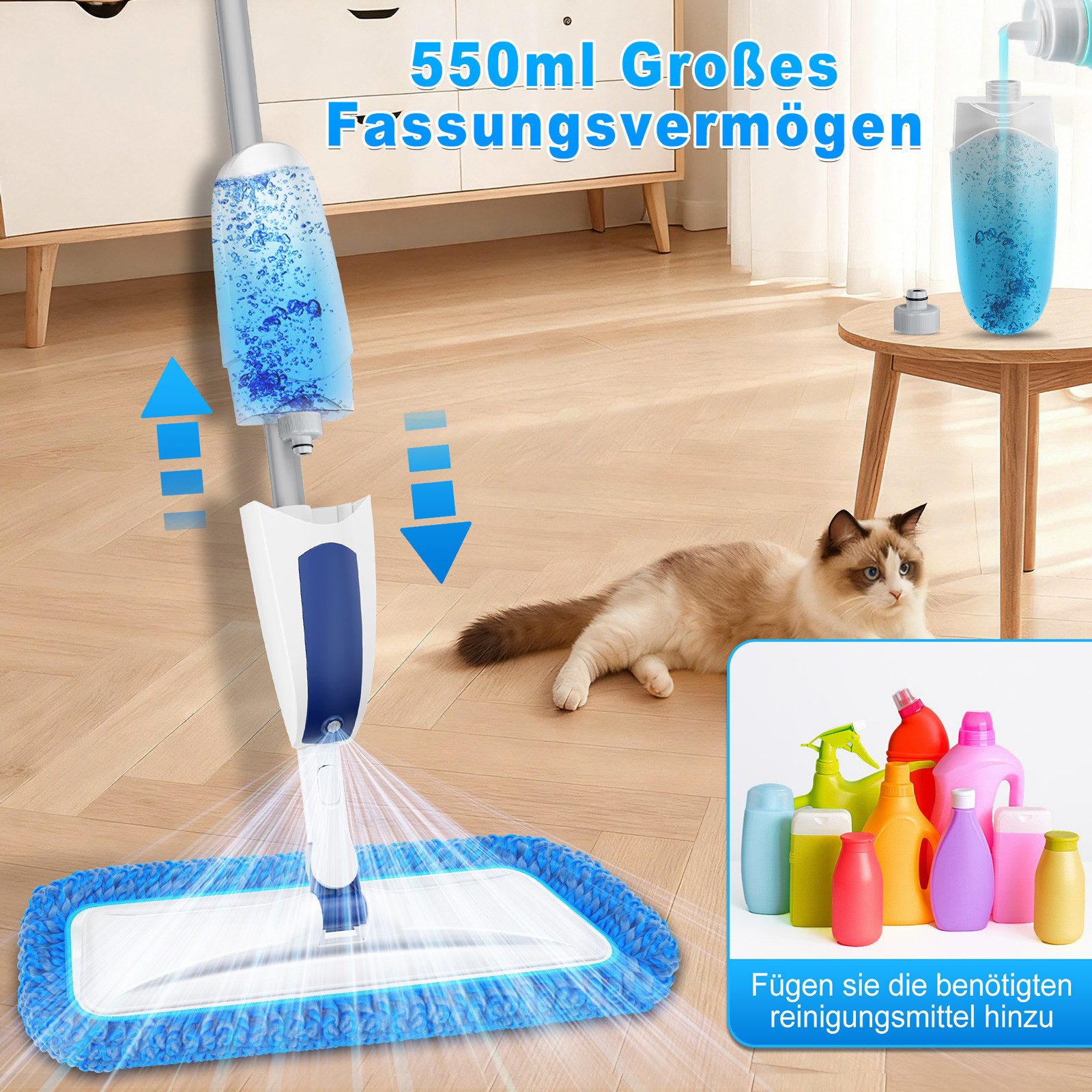 HUGERSTONE Sprühwischer Wischer mit Sprühfunktion, Bodenwischer für die Bodenreinigung (Wischmopp mit 550ML Nachfüllbare Wassertank und 3 Waschbare Pads) 360 Gr – Bild 4 von 5