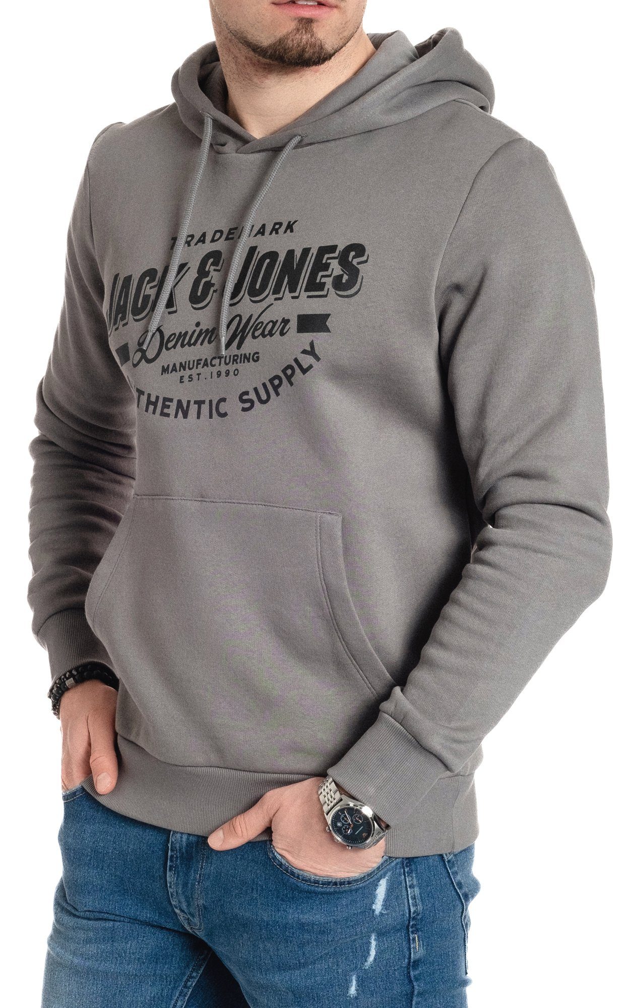 Sedona-Black-JJ unifarben, Logodruck, mit mit & Jones Kapuzensweatshirt Jack Kängurutasche, mit Kapuze