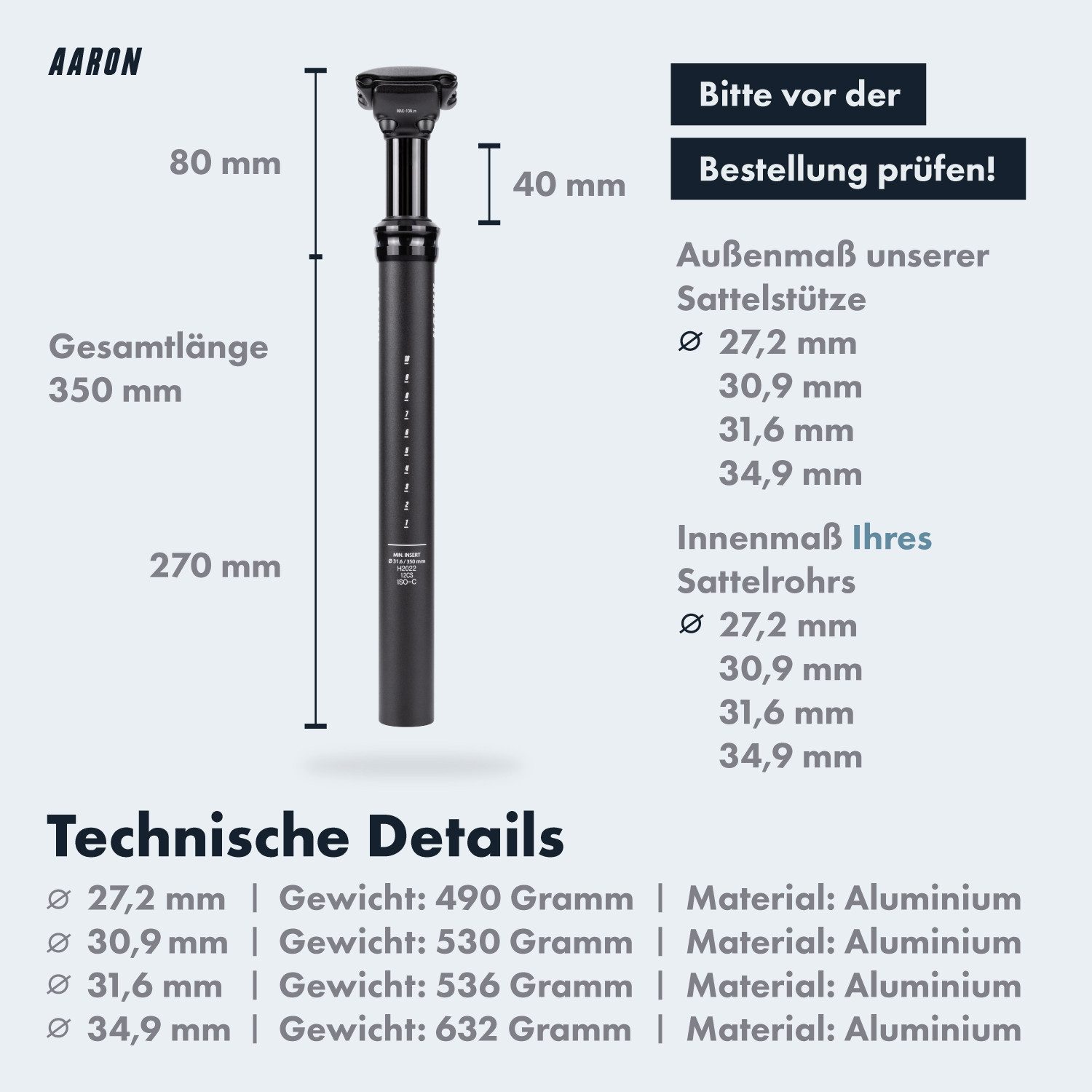 AARON Sattelstütze Spring Federsattelstütze 27,2 / 30,9 / 31,6 / 34,9 mm gefedert, Federsattelstütze – Bild 5 von 5