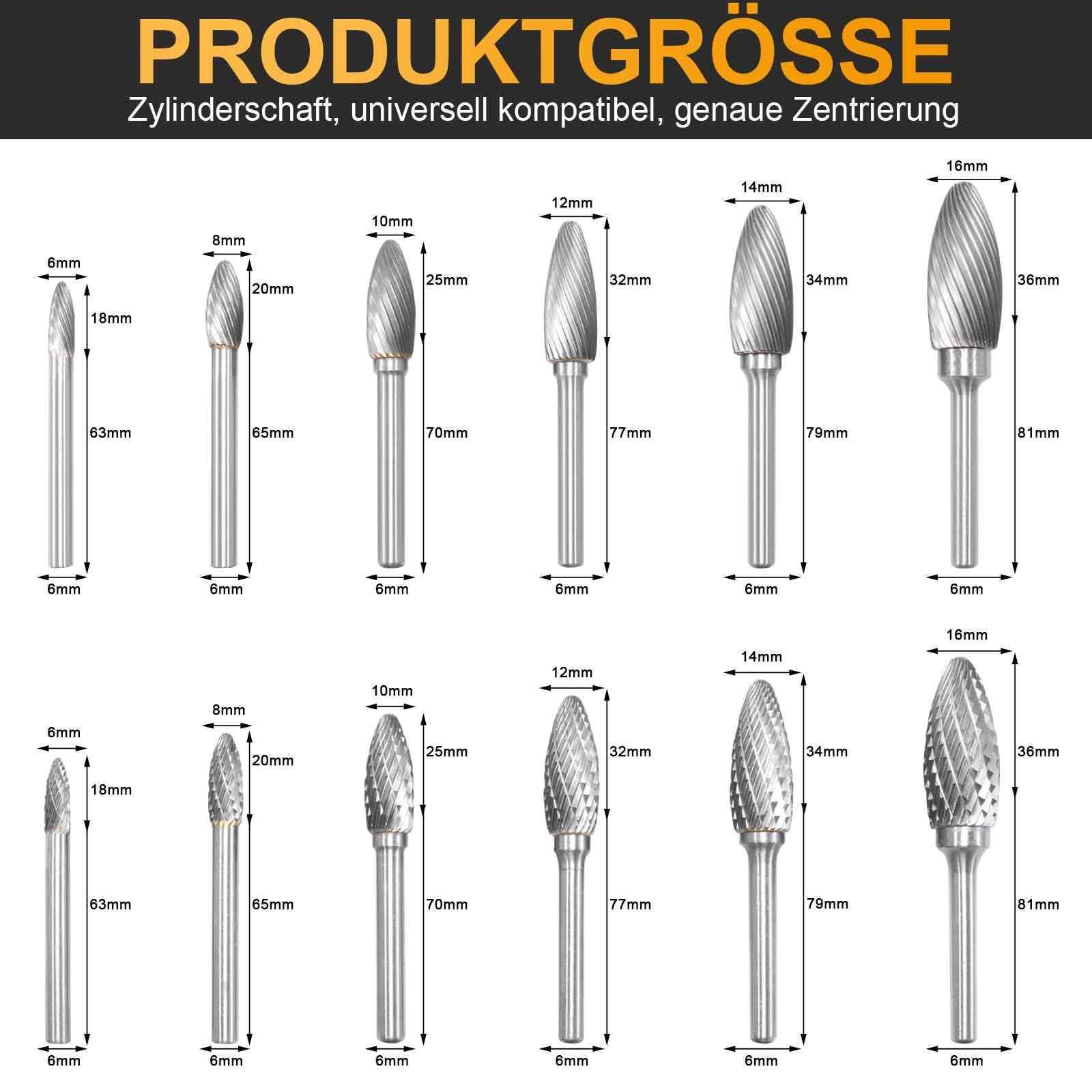 Sunicol Bohr-Meißel-Set Hartmetall Rotationsfeilen Bits, Durchmesser: Bohren, Doppelter 6/8/10/12/14/16mm, Schnitt-6*6mm Solide Einzel/Doppelschnitt,Polieren Leistung