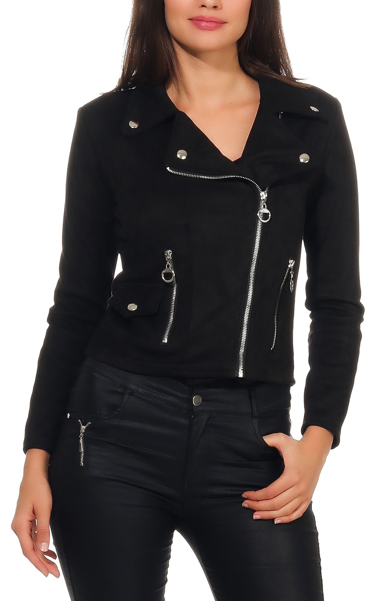 malito more than fashion Lederimitatjacke malito Damen Jacke, Velours Jacke, Biker Jacke mit Reißverschluss, Bikerjacke Slim Fit mit Reversekragen