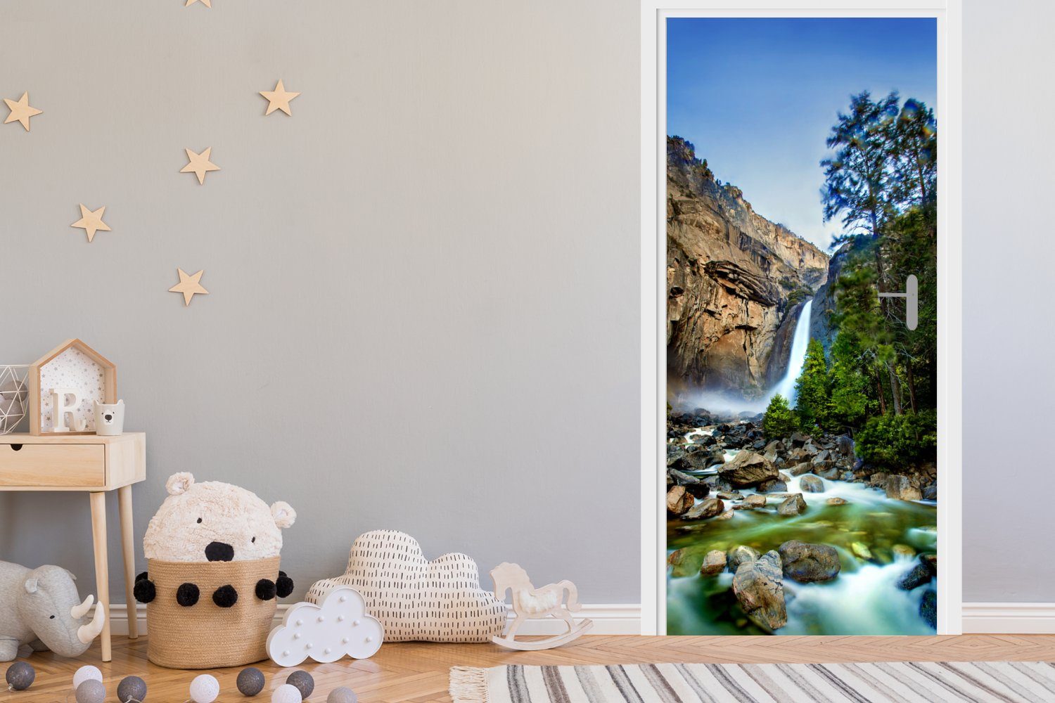 75x205 Matt, bedruckt, für cm Ein und MuchoWow Fluss (1 grüner Wasserfall Tür, ein St), Türtapete Türaufkleber, Yosemite-Nationalpark, Fototapete im