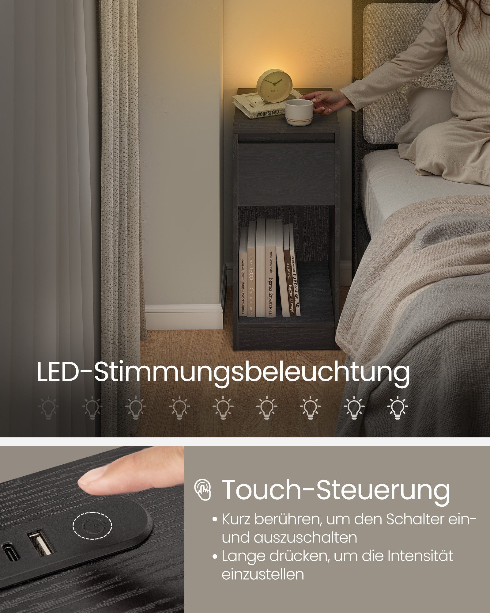VASAGLE Nachttisch (2-St), schmal Beistelltisch, Nachtschrank mit LED-Beleuchtung,Touch-Steuerung