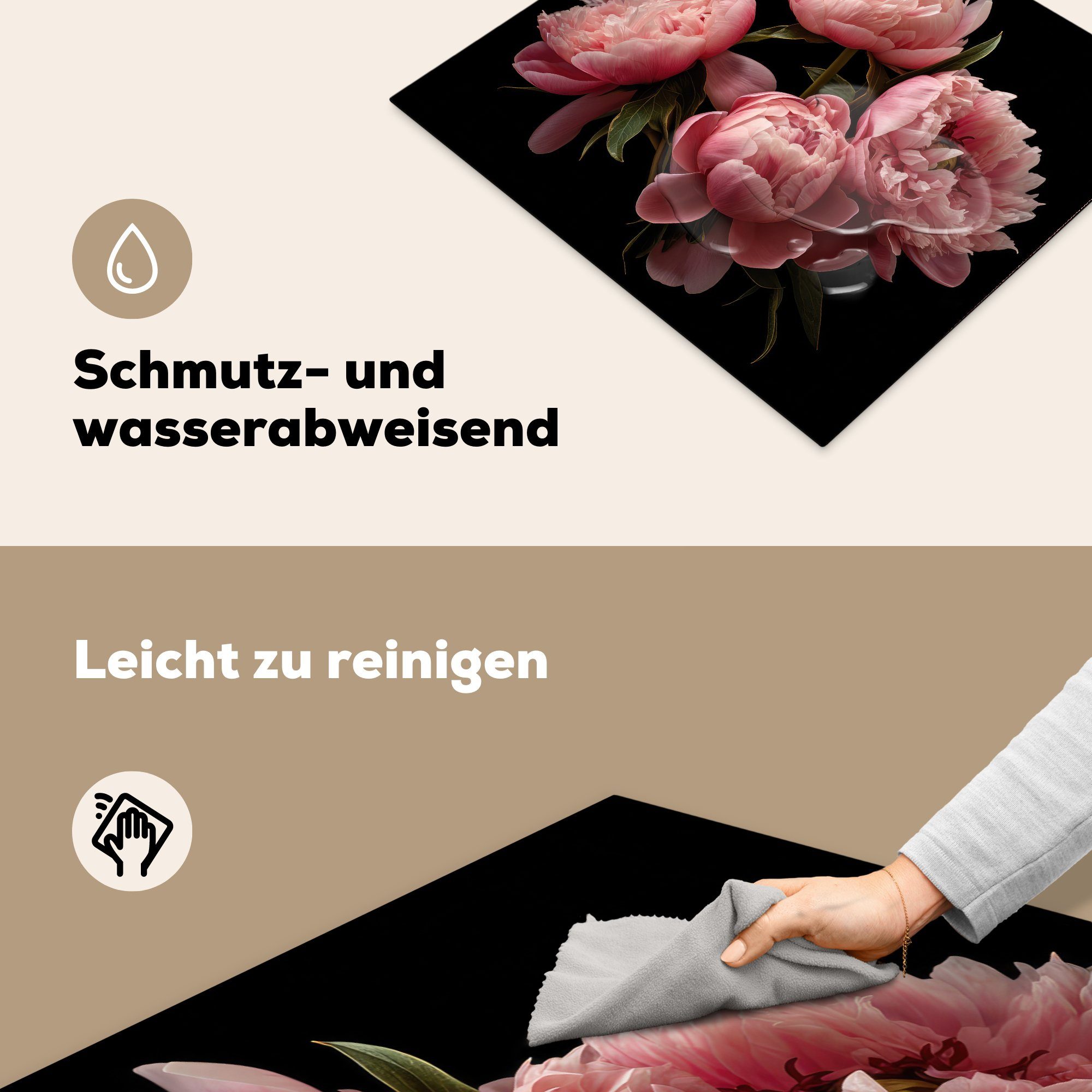 MuchoWow Herdblende-/Abdeckplatte Blumen - Pfingstrose (1 Ceranfeldabdeckung Vinyl, Arbeitsfläche - 60x52 - - tlg), Botanisch Rosa Mobile cm, nutzbar, Natur
