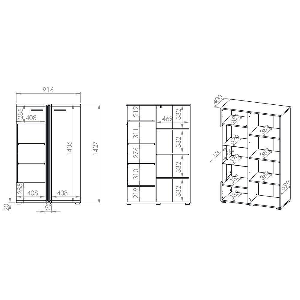 Lomadox Wohnwand moderne (3-St., Beleuchtung Anbauwand AKRON-131, inkl. Highboard Wandboard, 3-tlg), Lowboard, und