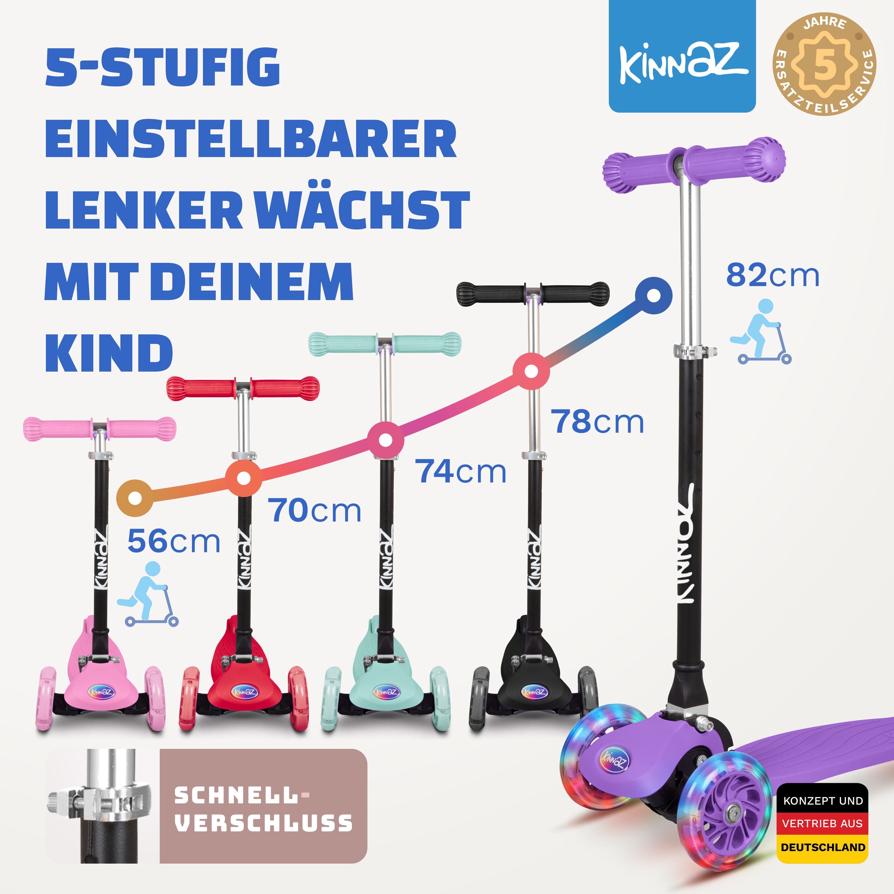 KINNAZ Dreiradscooter ab 2 Jahre LED, faltbar, Höhe flexibel, Kinderoller, Scooter, Roller, (Kinderroller, kinnaz ONE), Händler aus Hamburg – Bild 2 von 5
