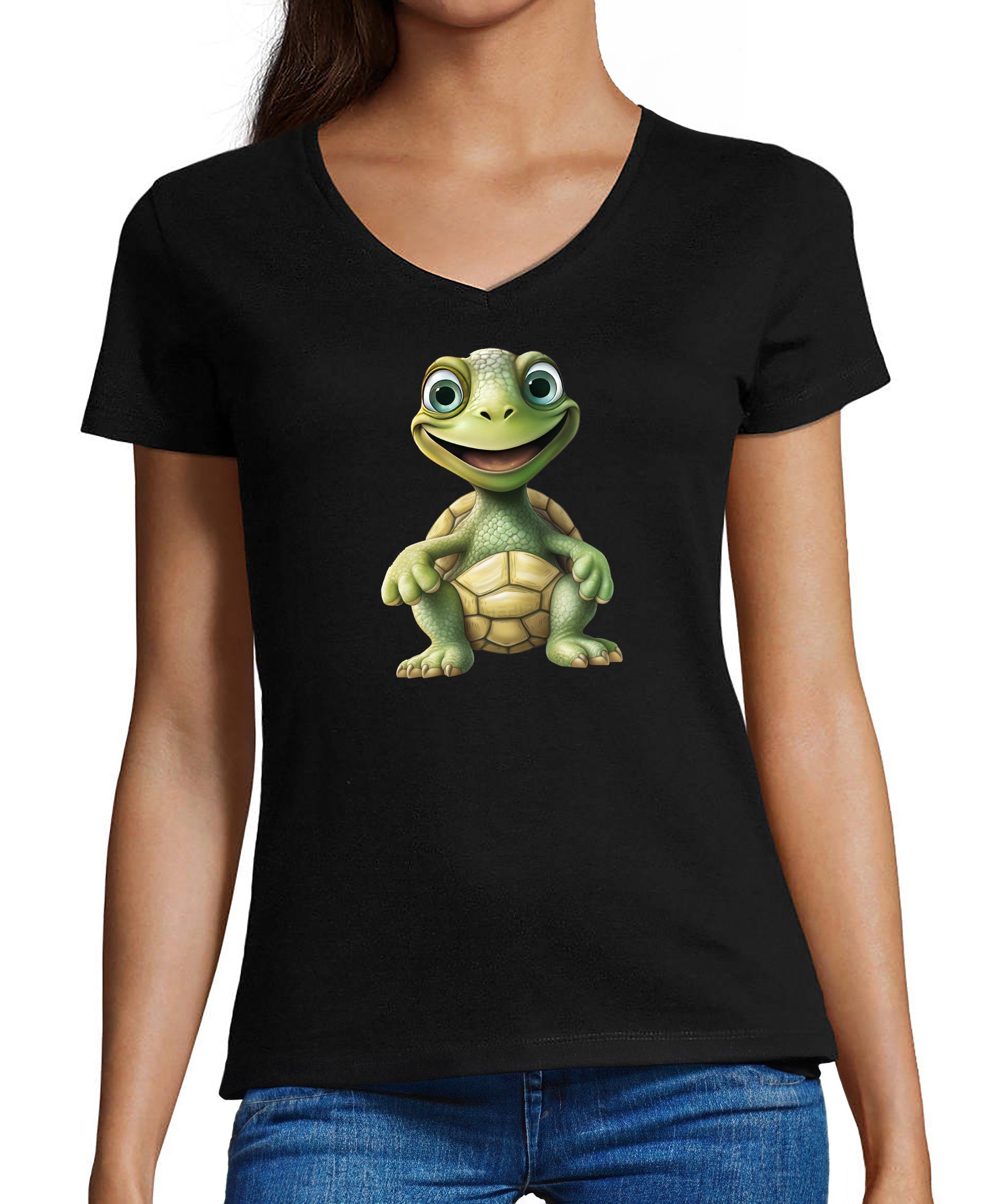 MyDesign24 T-Shirt Damen Wildtier Print Shirt - Baby Schildkröte V-Ausschnitt Baumwollshirt mit Aufdruck Slim Fit i279