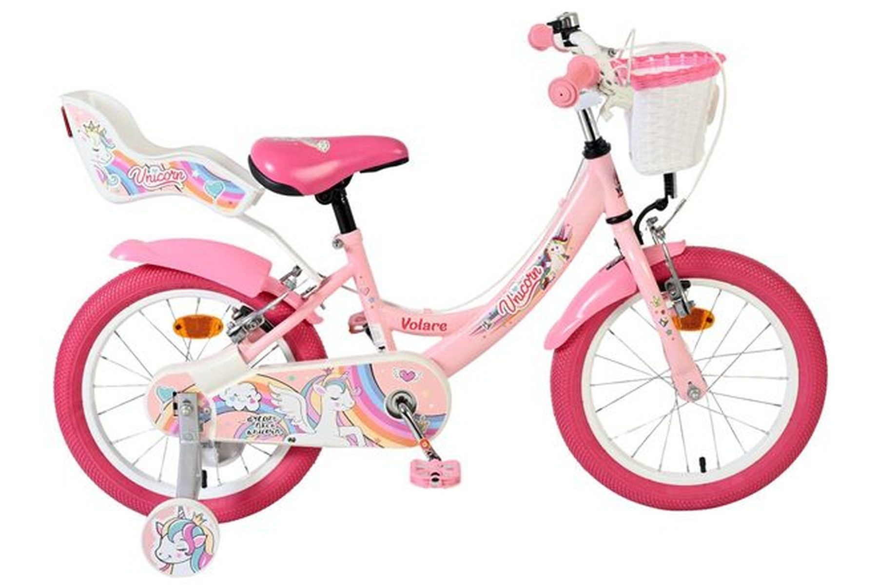 Kinderfahrrad Unicorn Mädchen 16 Zoll Rosa, zwei Handbremsen, Stützräder, Puppensitz