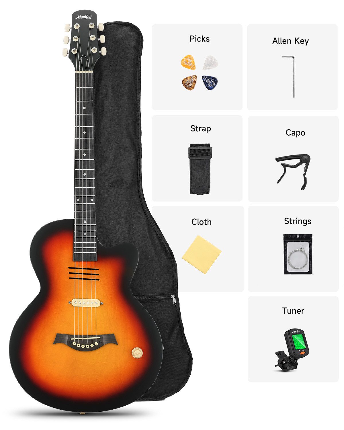 Moukey Akustikgitarre BCC-100 Westerngitarre elektrisch Komplettset inkl. Gigbag Stimmgerät, LP, mit Gigbag, Gurt, Stimmgerät, Schlagbrett, für Anfänger in voller Размер komplettes Anfängerset