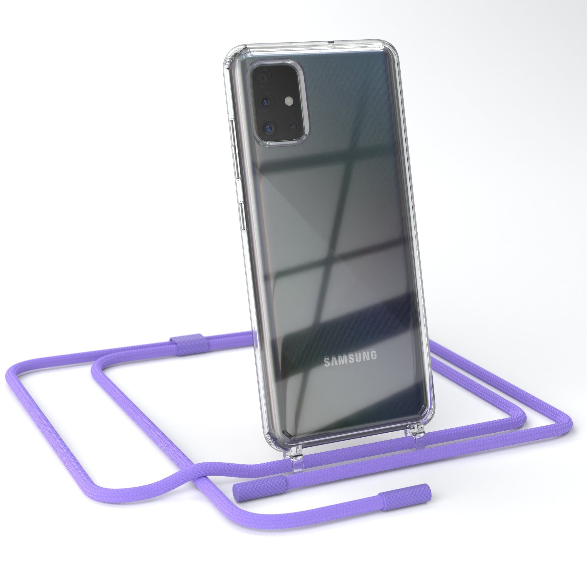 EAZY CASE Handykette Silikon Kette Unifarbe für Samsung Galaxy A51 6,5 Zoll, Ketten Kordel Transparent Case abnehmbare Handyhülle Flieder Lila Gold