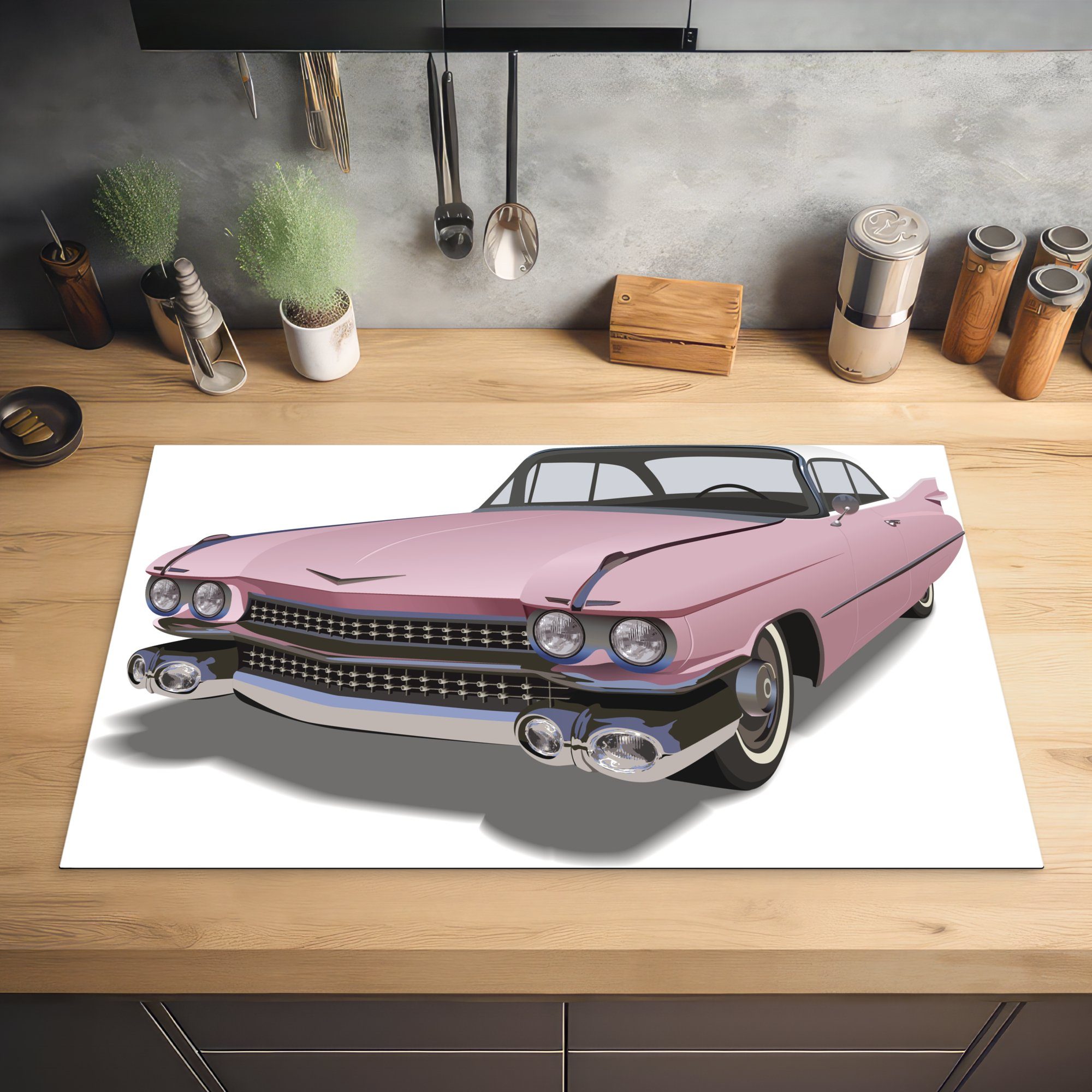 MuchoWow Herdblende-/Abdeckplatte Illustration (1 Oldtimers 83x51 tlg), Vinyl, Rosa, in eines küche Arbeitsplatte cm, für Ceranfeldabdeckung