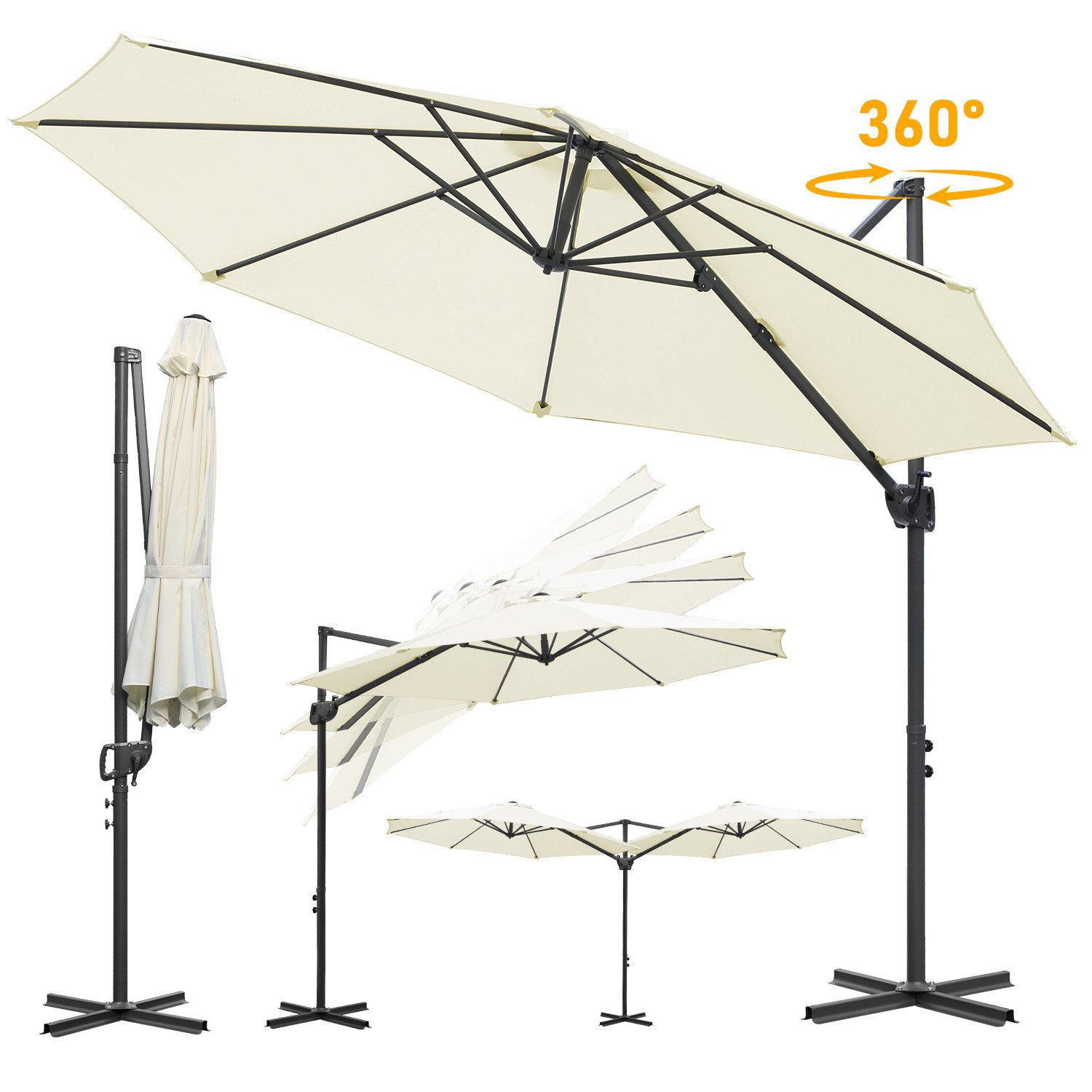 Sonnenschirm Ampelschirm Ø300cm Beige, 360° drehbar, UV50+ Sonnenschutz, Kurbel