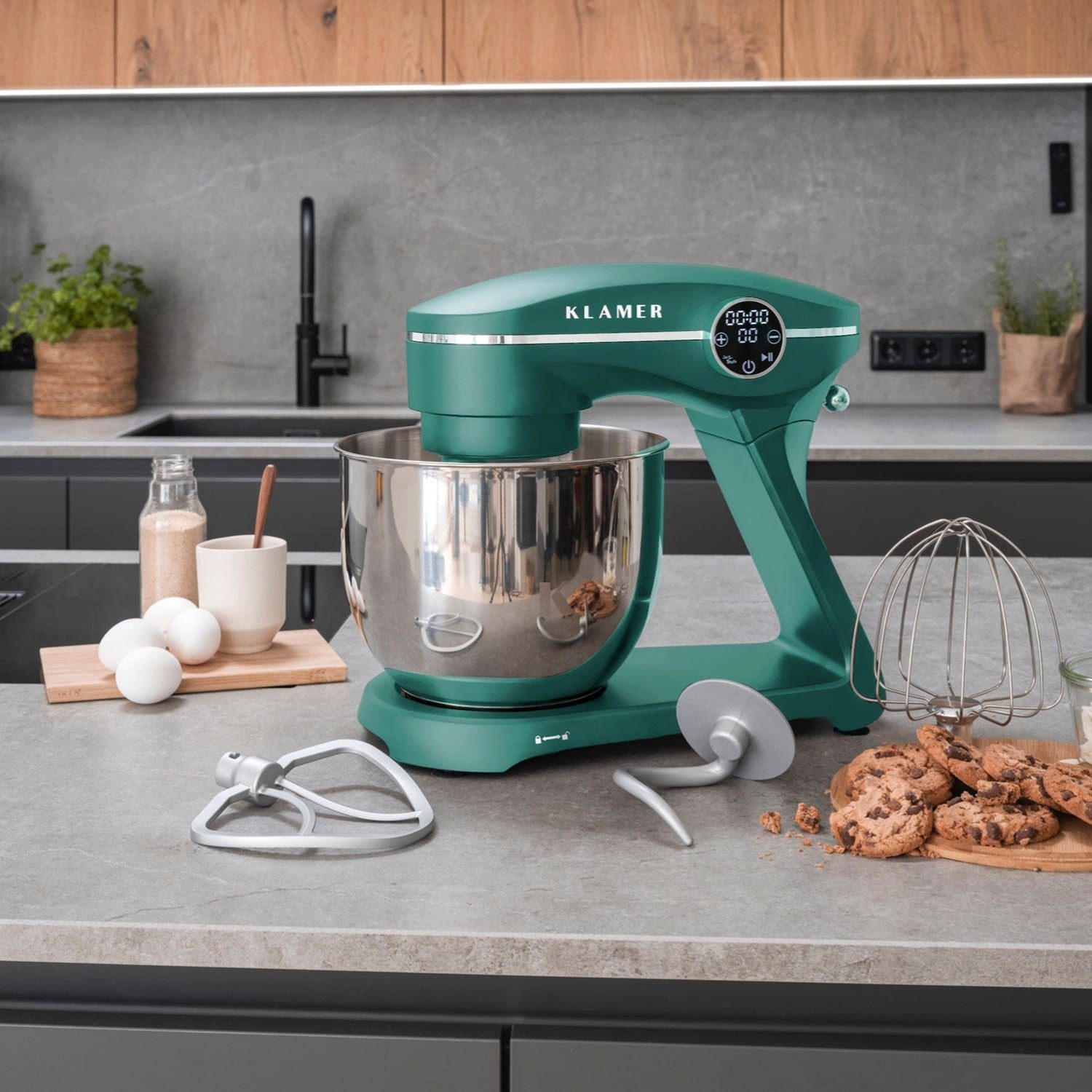 KLAMER Küchenmaschine 1800W, 6L Edelstahl-Schüssel, Knetmaschine mit 10 Geschwindigkeiten & Timer, grün, 1800 W, 6 l Schüssel, Spritzschutz, 3 Werkzeuge, Saugfüße, digitales Display, Timer