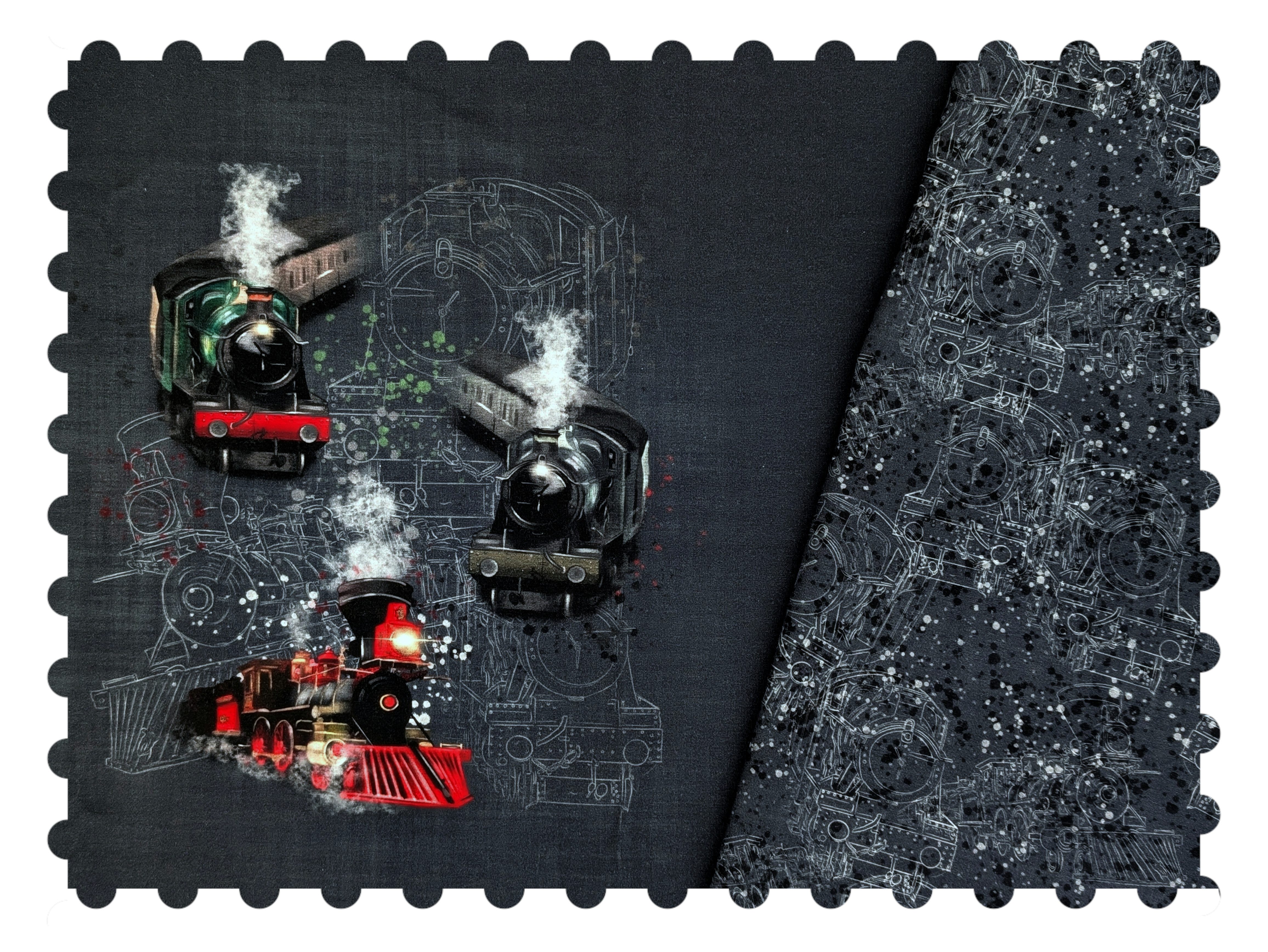 Corileo Stoff EP Baumwolljersey Panel Eisenbahn Lok auf Grau 65 x 165 cm