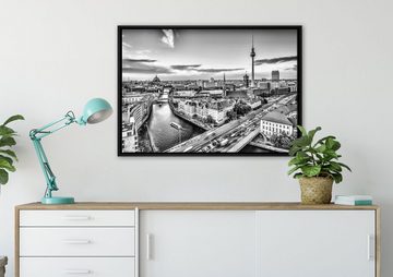 Pixxprint Leinwandbild Skyline von Berlin, Wanddekoration (1 St), Leinwandbild fertig bespannt, in einem Schattenfugen-Bilderrahmen gefasst, inkl. Zackenaufhänger