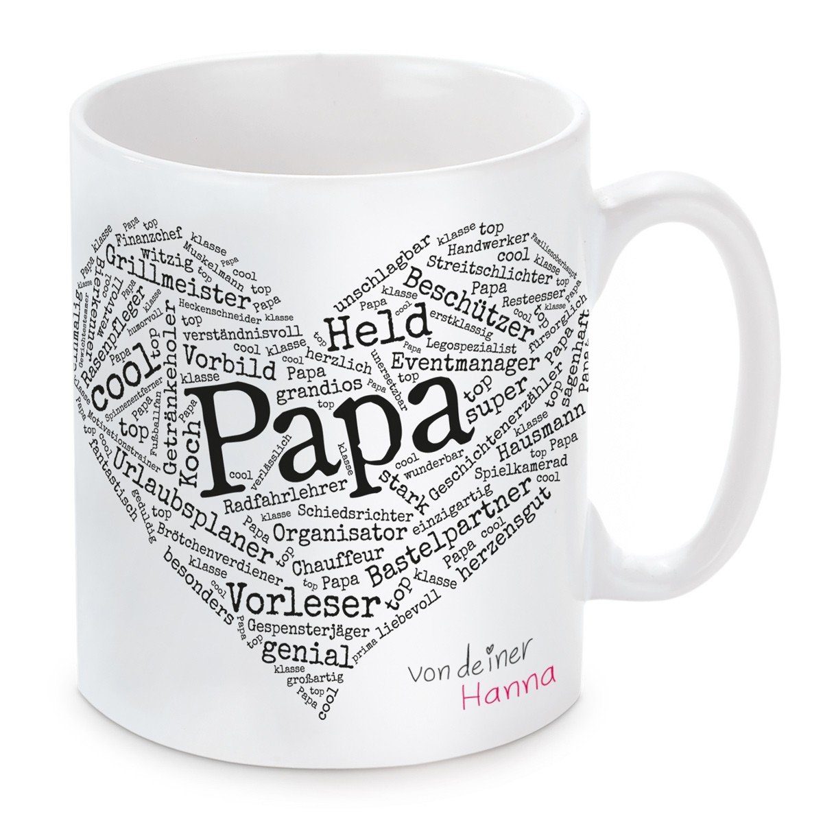 Herzbotschaft Tasse Kaffeebecher mit Motiv Herz aus Worten - Für Papa, Keramik, Kaffeetasse spülmaschinenfest und mikrowellengeeignet