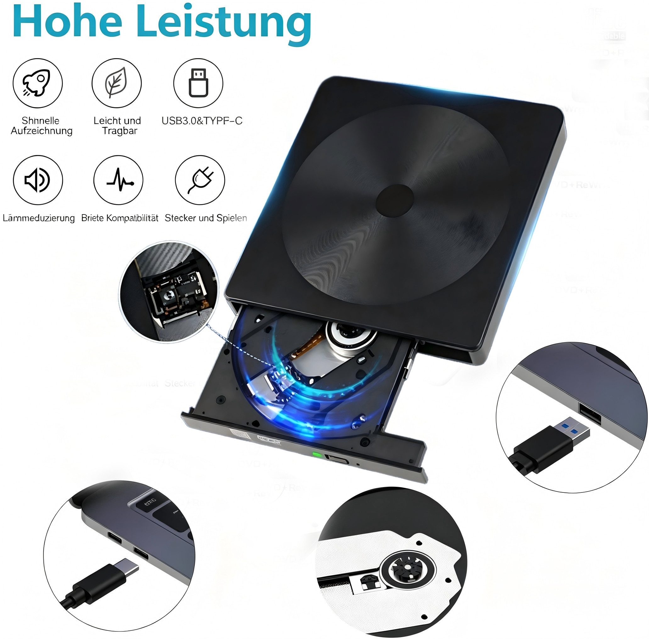 ibettertec 2-in-1 externes DVD-Laufwerk mit USB 3.0 & USB-C, DVD-Brenner (Plug & Play – kompatibel mit Laptop, PC, Mac, – CD/DVD Player & Brenner) – Bild 4 von 5