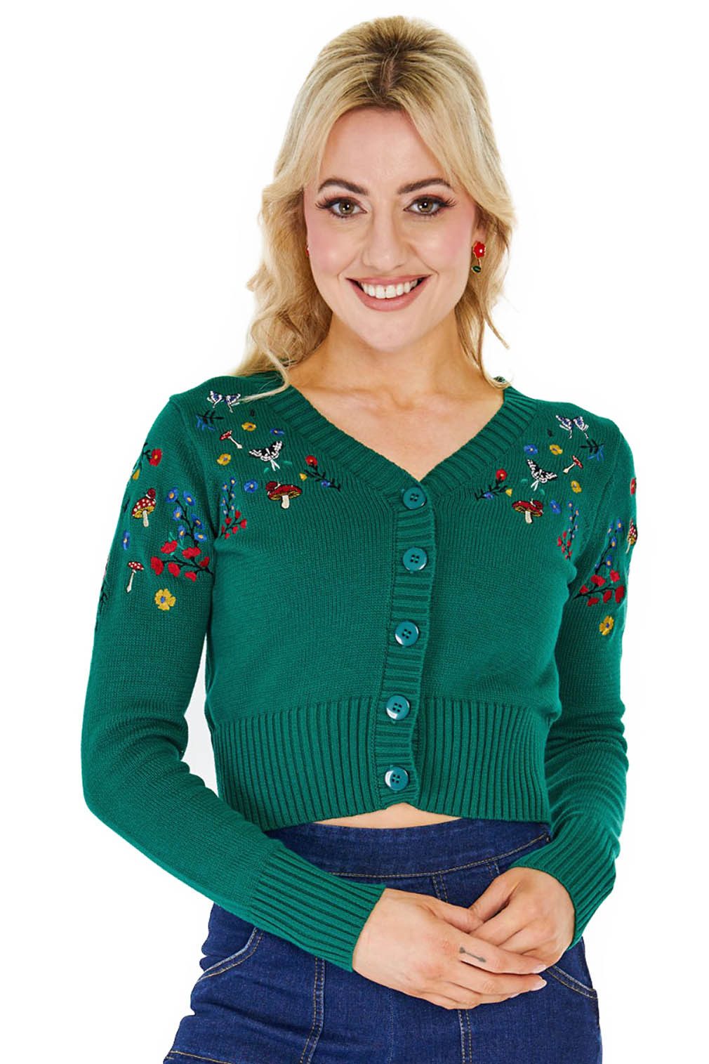 Voodoo Vixen Strickjacke Woodland Embroidery Cropped Cardigan Grün Retro Vi günstig online kaufen