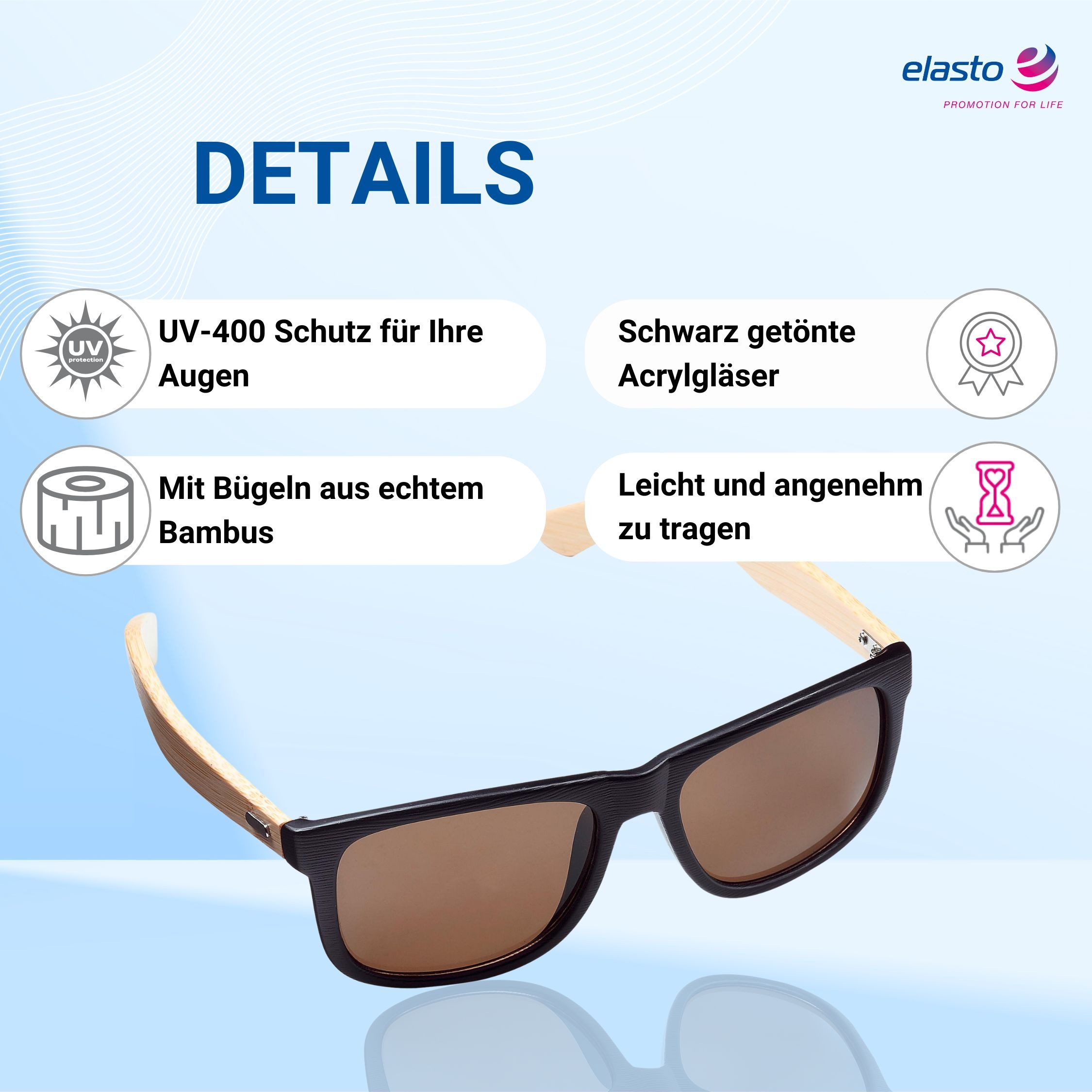 elasto Sonnenbrille Bamboo Brille UV400 Schutz stylische Sonnenbrille in schwarz/braun