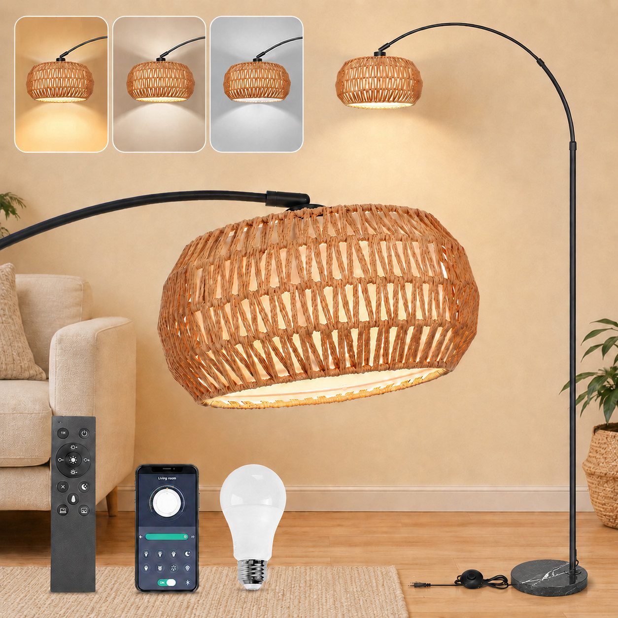 Sunicol Stehlampe Wohnzimmer Dimmbar Stehlampe Doppelter Lampenschirm mit Glühbirne, Marmorsockel, Höhenverstellbar Rattan Bogenlampe, für Schlafzimmer