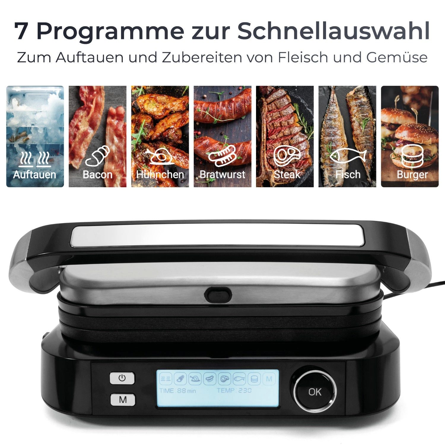KLAMER Kontaktgrill 7 Automatikprogramme, abnehmbare Platten, Antihaftbeschichtung, 2100W…, 2100 W, 2 Grillplatten, 7 Programme, Temp.-Regler, Antihaft