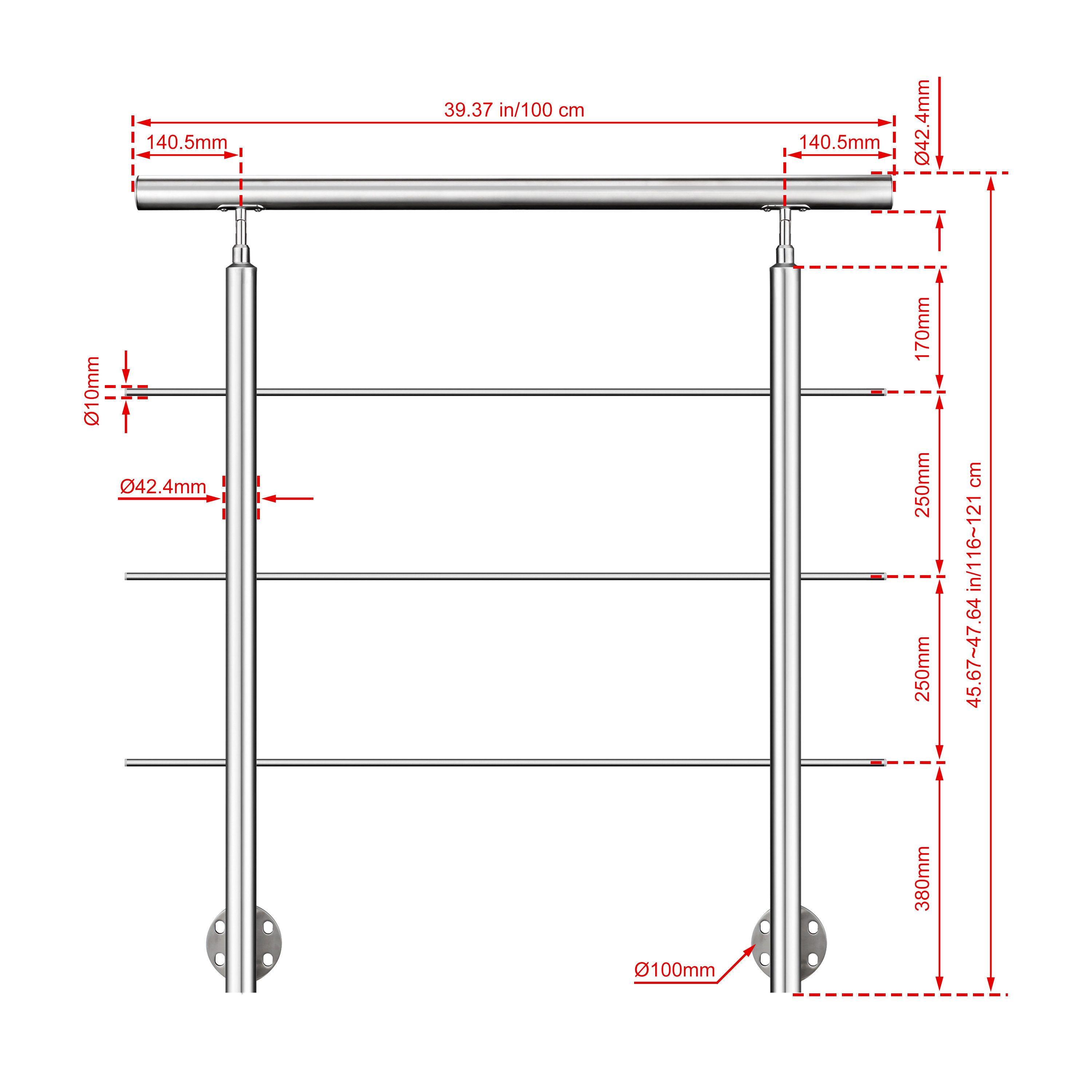 AICA Treppengeländer Geländer-Set aus Edelstahl 304 Seitenmontage Verlängerbar L 100-240 cm, 100 cm Länge, Packung, 3-tlg., V2A, höhen- und winkelverstellbar, w – Bild 5 von 5