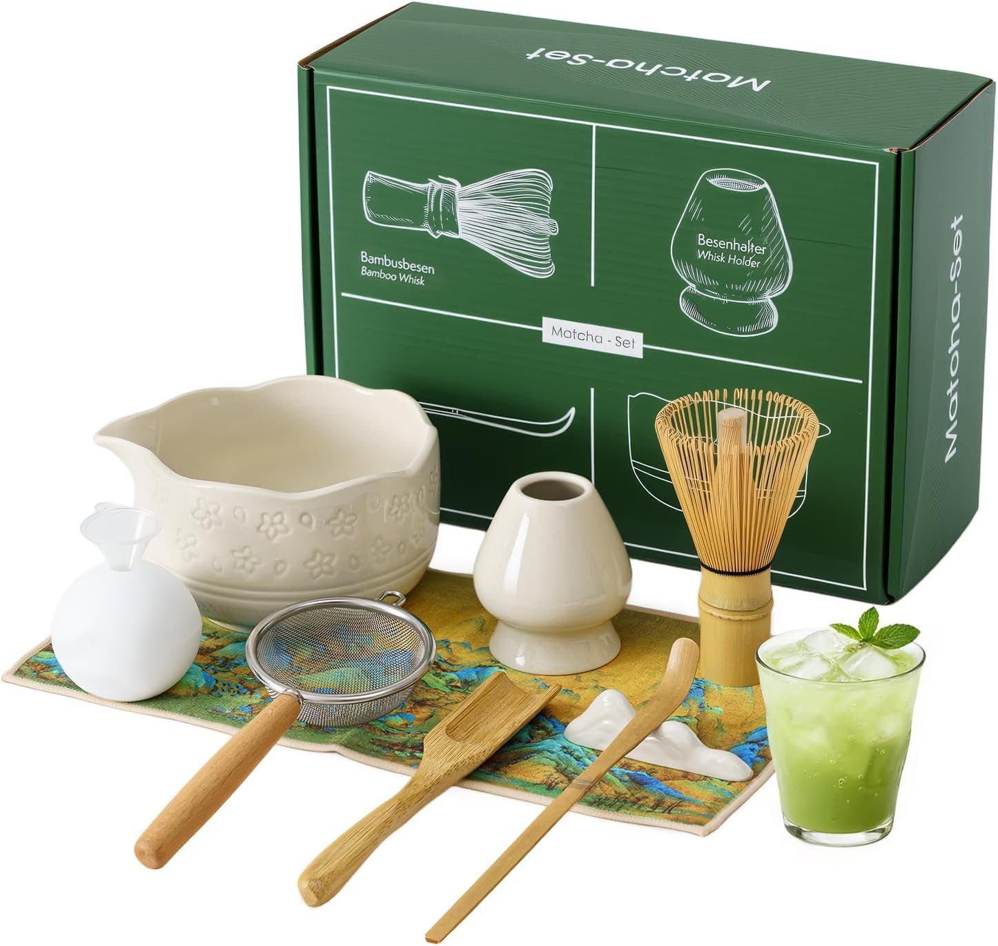 VONATES Teeservice 9tlg. Matcha Set mit Matcha-Schale, Bambus-Besener & Halter, Sieb, Löffel, Tuch, Eisform, aus Bambus und Keramik für Teezeremonie