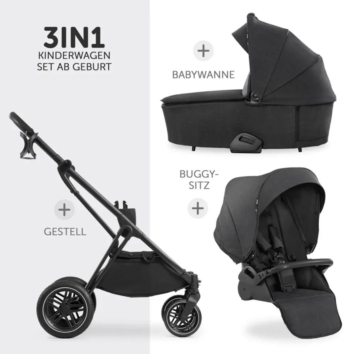 Hauck Kombi-Kinderwagen Vision X Trio Set Black - Melange Black, 3in1 Kinderwagen Set mit Babywanne, Babyschale, Sportsitz, Regenschutz