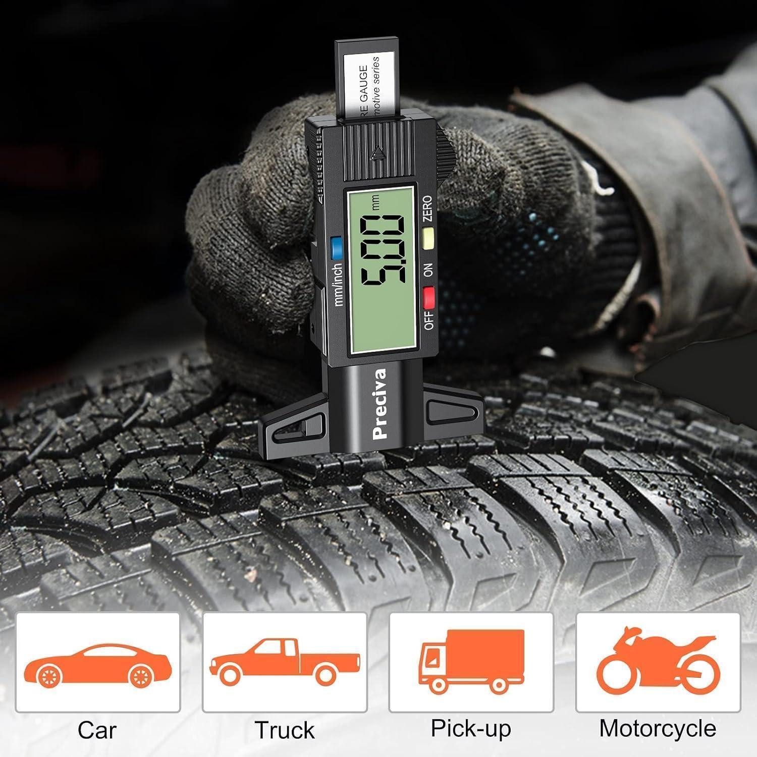 LuxusKollektion Multitool Reifen Profiltiefenmesser LCD Display, Tiefenmesser 0-25 mm für Auto