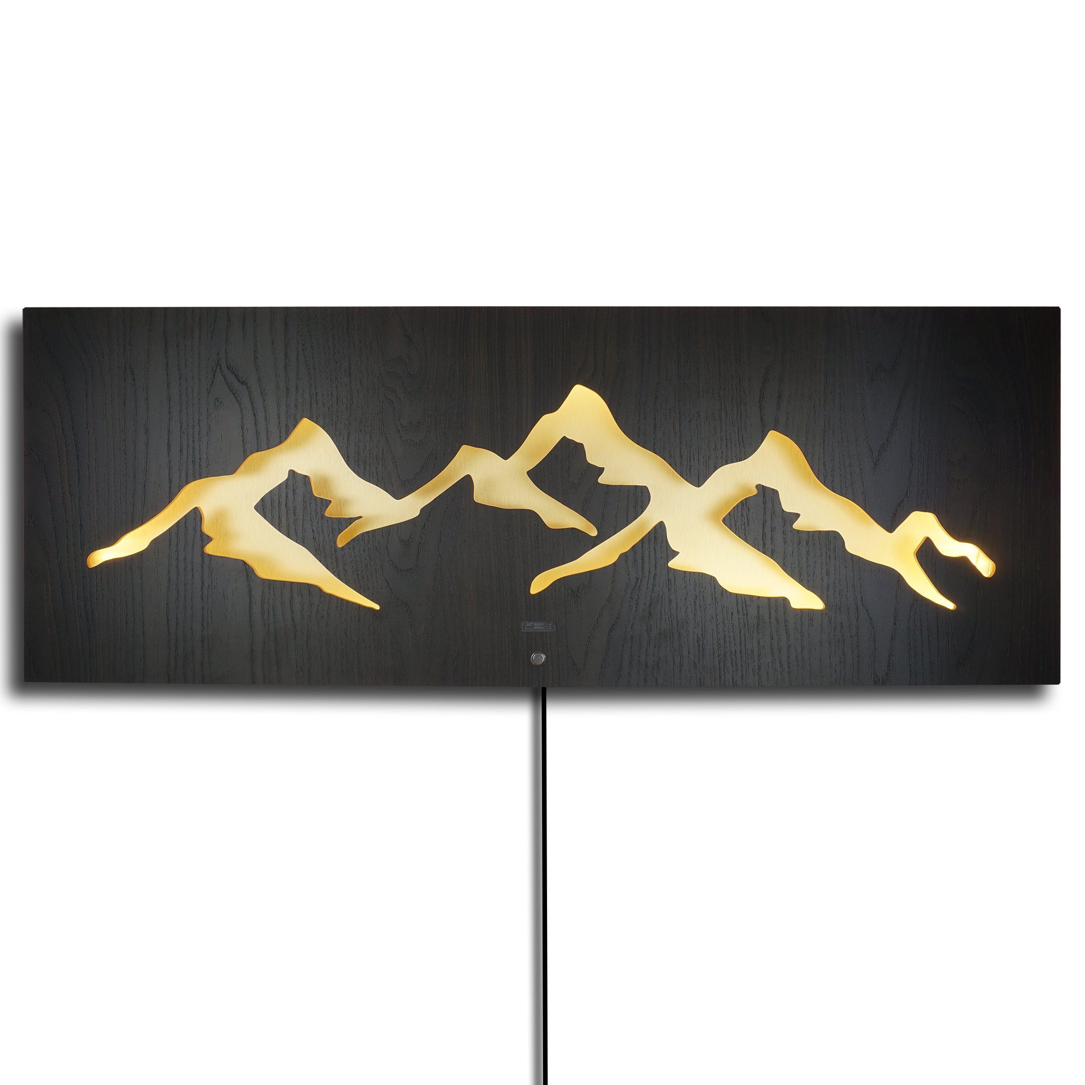 und ZENLED auf SCHWARZ Metall Landschaft Doppelplatte 3D-Lichteffekt, MONTAGNA Holz mit 110x40cm - Berge GOLD Natur aus Deko hinterleuchtete dimmbaren WALNUSS mit ALU Wanddekoobjekt LEDs