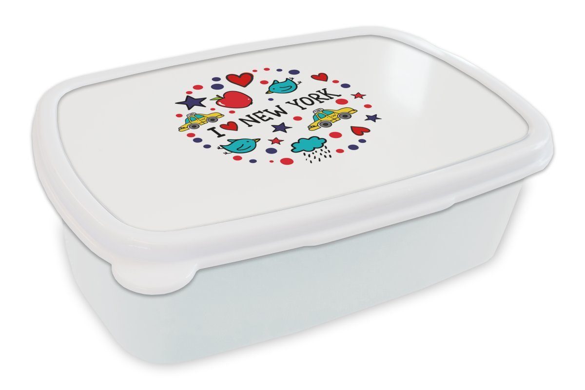 MuchoWow Lunchbox New York - Vogel - Zeichnung, Kunststoff, (2-tlg), Brotbox für Kinder und Erwachsene, Brotdose, für Jungs und Mädchen weiß | Lunchboxen