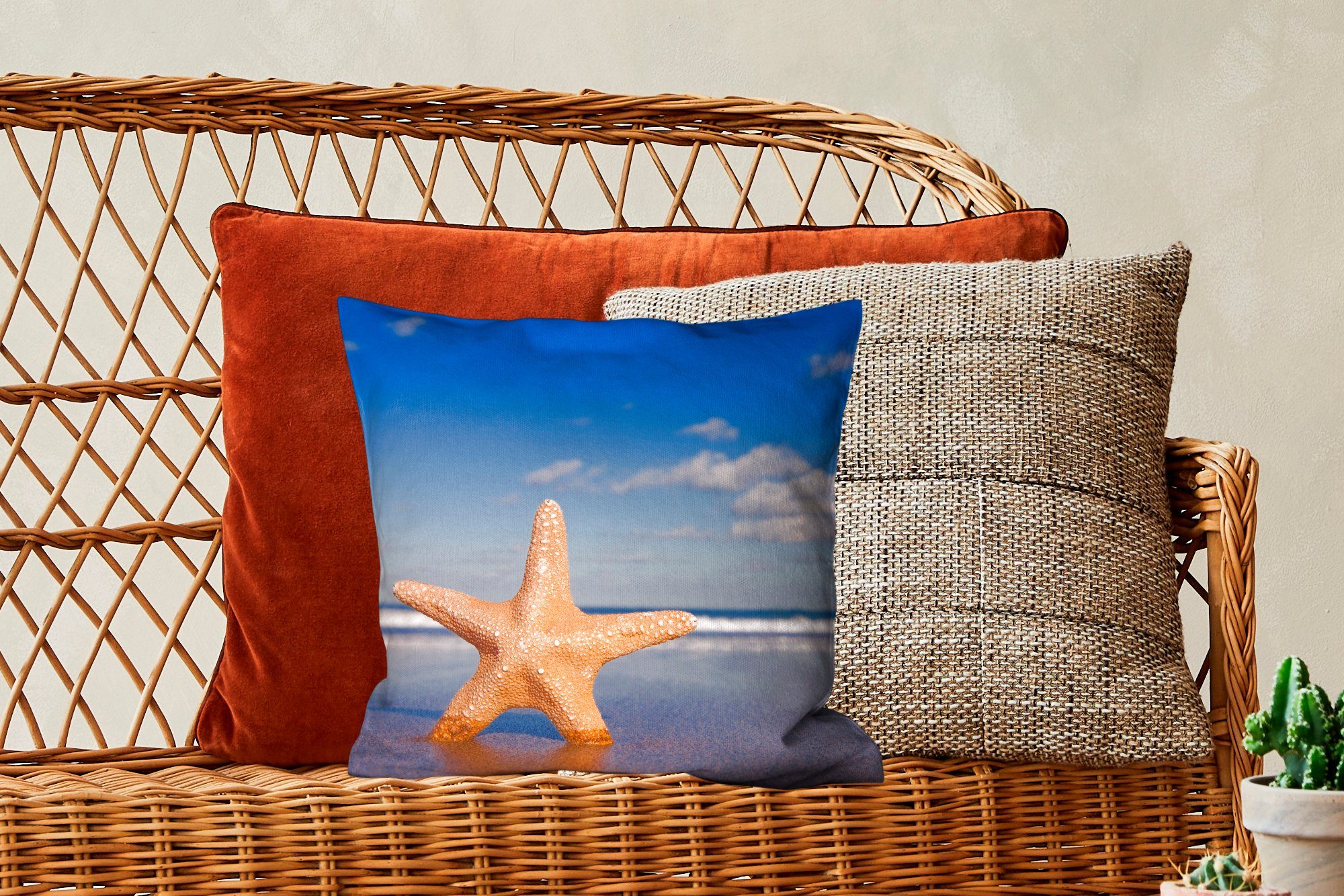 für Sand, Deko, Füllung - Zierkissen Schlafzimmer, Orange - Wohzimmer, Sofakissen MuchoWow mit Seestern Dekokissen