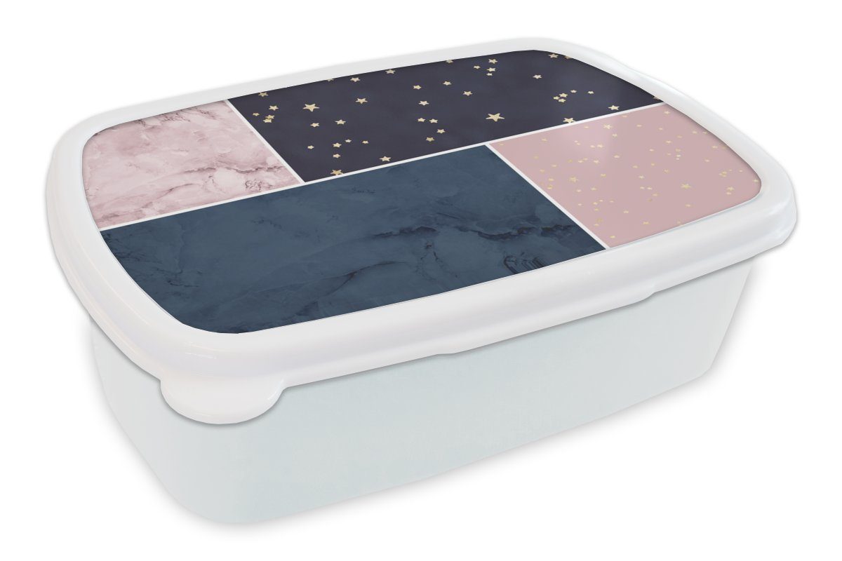 MuchoWow Lunchbox Marmor - Blau - Rosa, Kunststoff, (2-tlg), Brotbox für Kinder und Erwachsene, Brotdose, für Jungs und Mädchen weiß | Lunchboxen