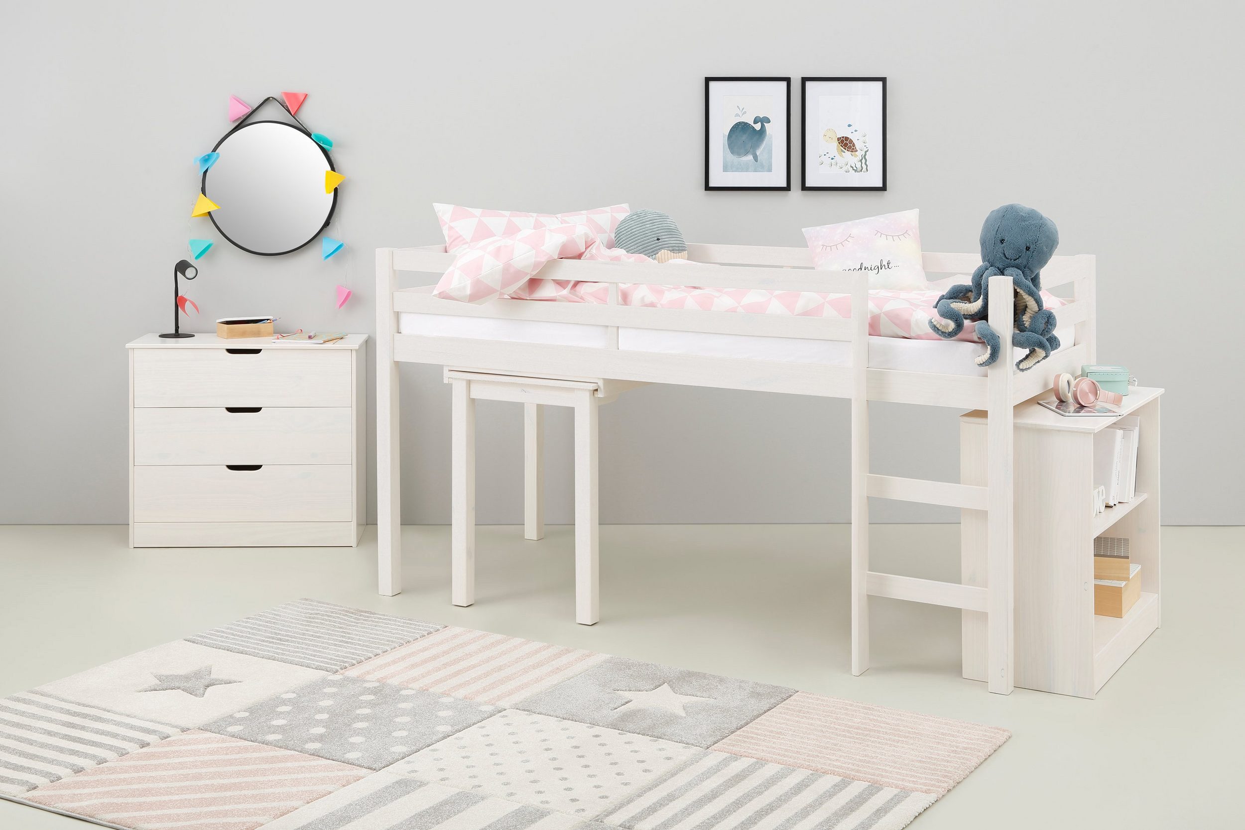 loft24 Hochbett Allie Kinderbett mit Schreibtisch und Kommode, Kiefer Massivholz, Landhaus