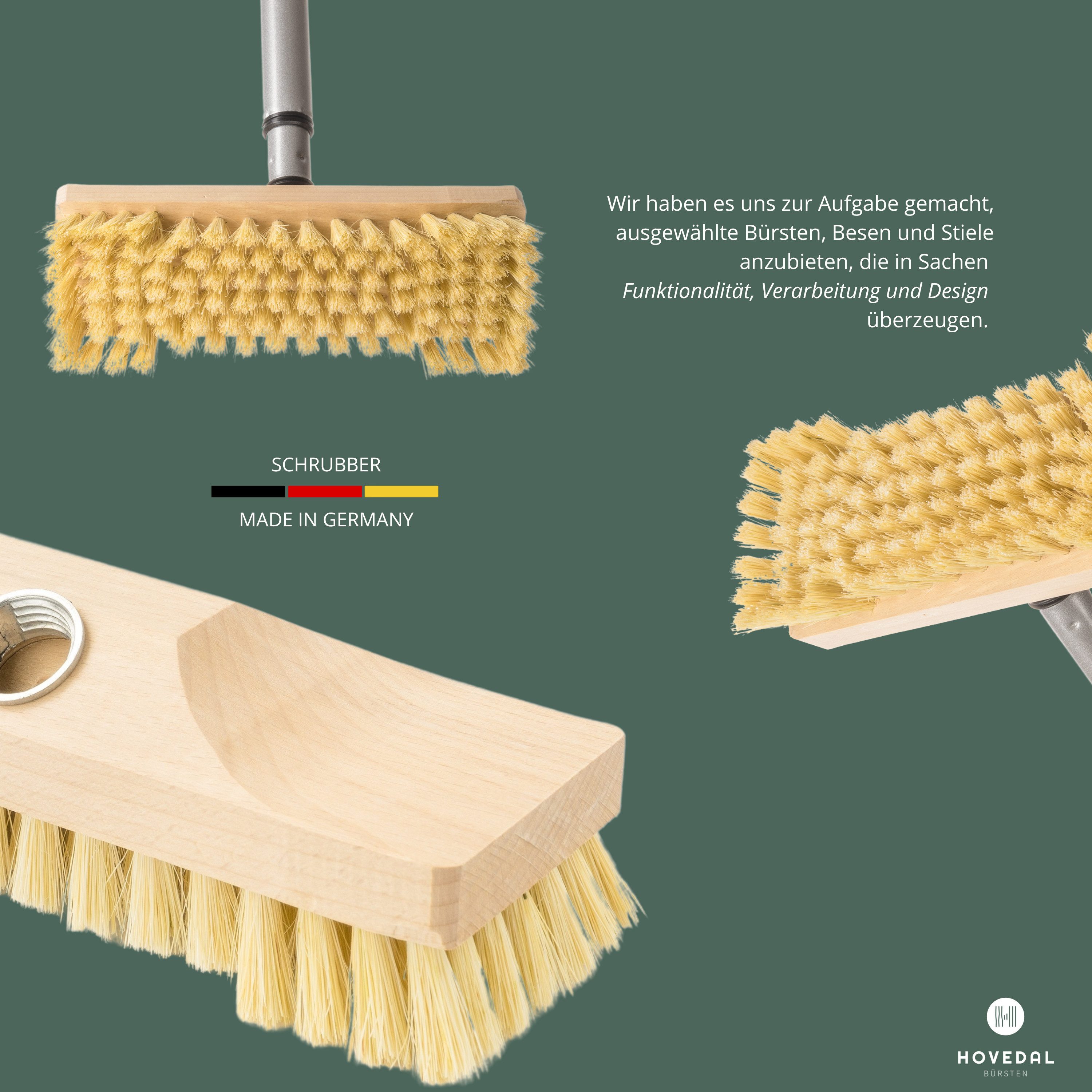 Hovedal Reinigungsbürste Schrubber mit Stiel, Teleskopstiel Schrupper aus Holz mit Naturborsten, Bodenbürste für Boden, Fliesen, Balkon, Terrasse, Garten, Außen, Innen