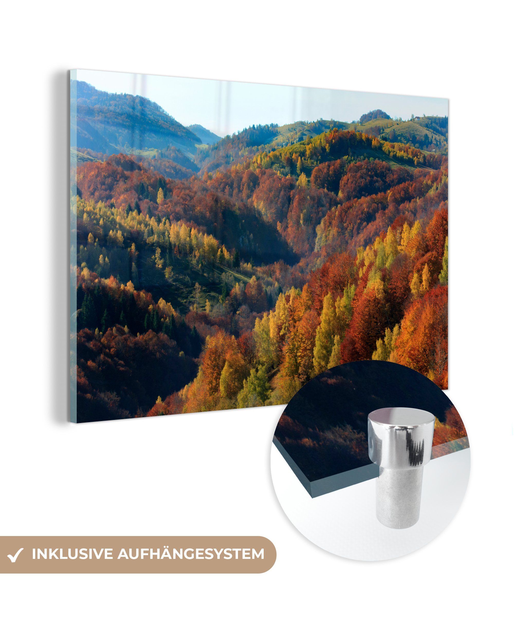 MuchoWow Acrylglasbild Herbstliche Landschaft mit Bergen und Wäldern im Nationalpark Piatra, (1 St), Acrylglasbilder Wohnzimmer & Schlafzimmer
