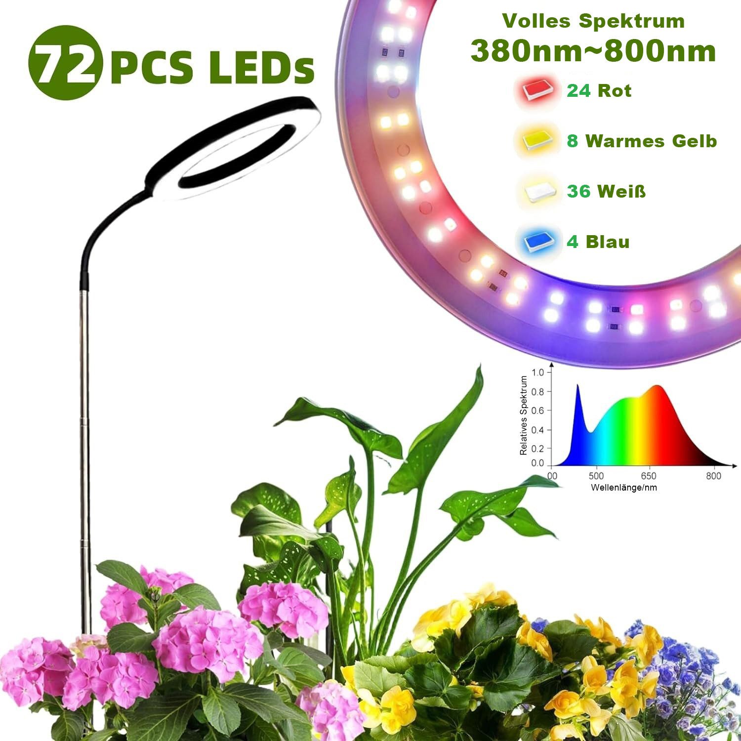 Rosnek Pflanzenlampe LED Vollspektrum mit 3 Lichtmodi, höhenverstellbar, Timer, LED fest integriert, Dual Purpose,155 cm, 10 Helligkeitsstufen für Innenräume