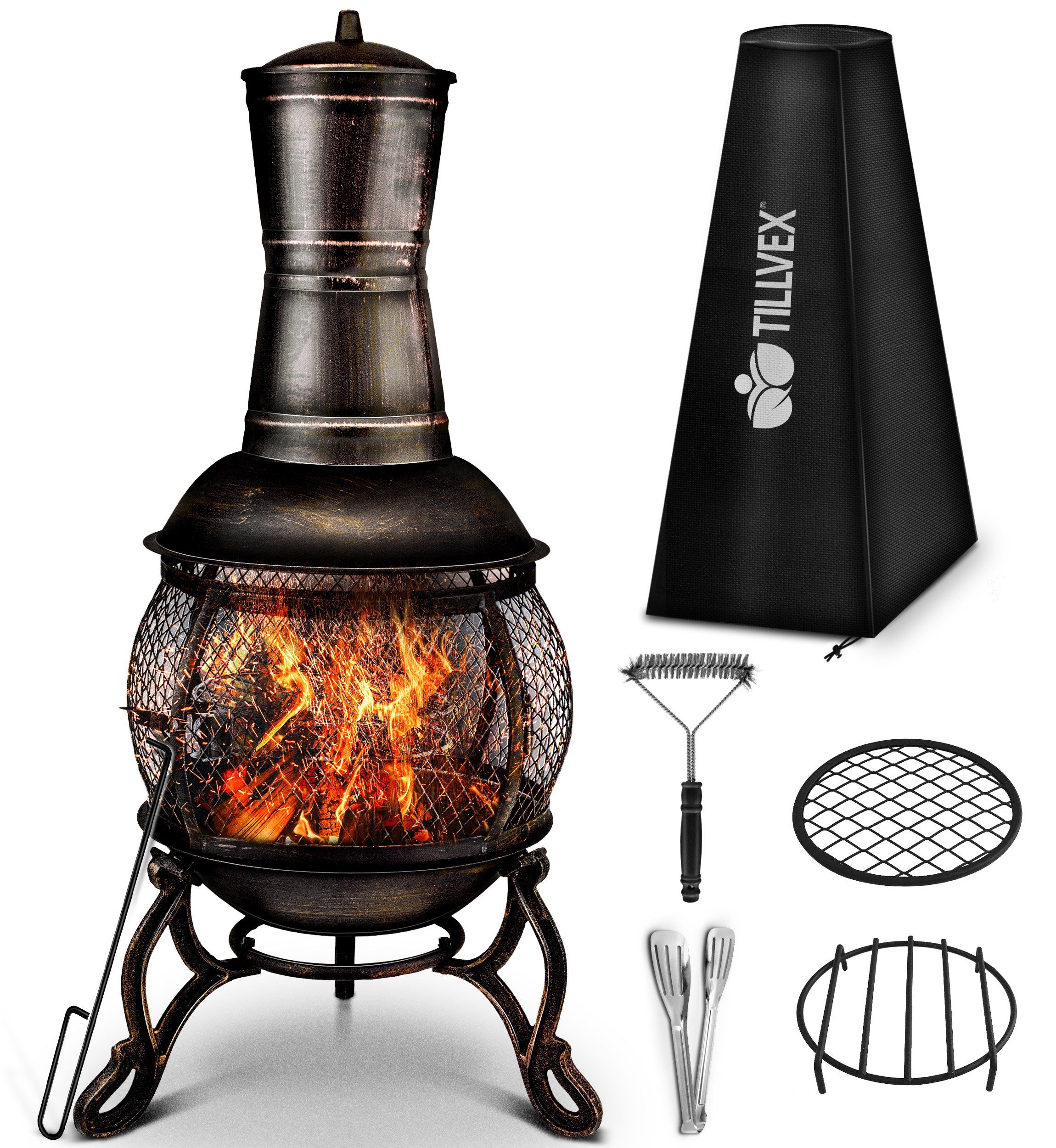 tillvex Feuerkorb Terrassenofen mit Funkenschutz & Zubehör, Gartenkamin mit Abdeckung, (Terrassenofen), Gartenofen Feuerstelle mit Grillfunktion & BBQ Grillrost