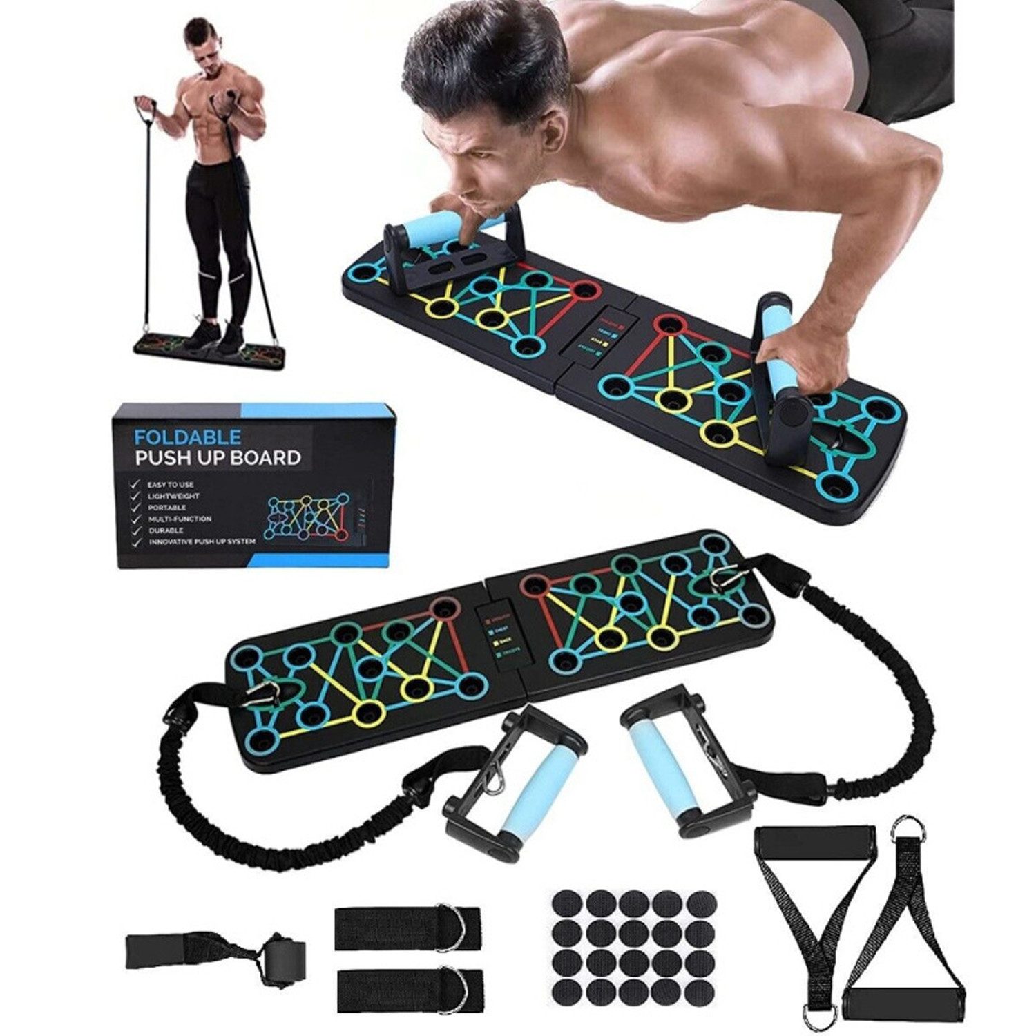 OSTWOLKE Liegestützgriffe Liegestützebrett Set Push Up Board Faltbar mit Widerstandsbänder, Faltbares Multifunktions Fitness-Board