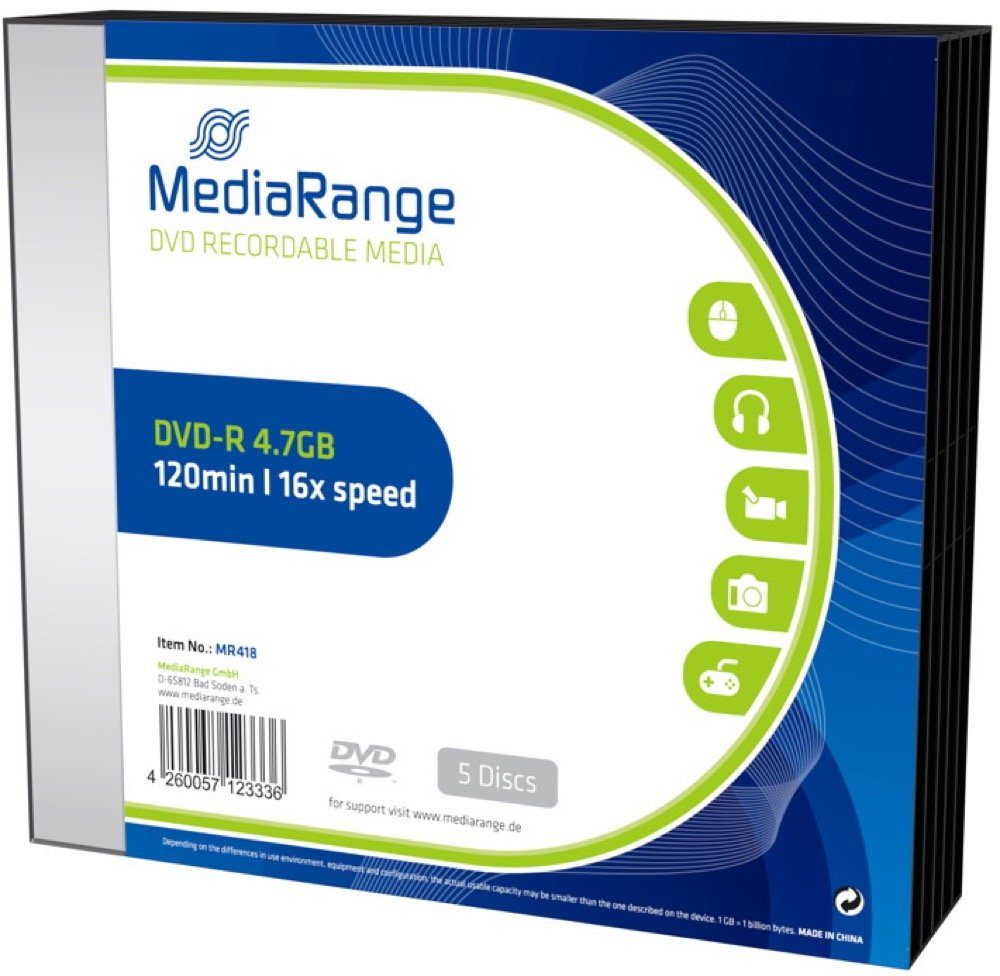 Mediarange DVD-Rohling 5 Mediarange Пробелы DVD-R 4,7GB 16x Slimcase